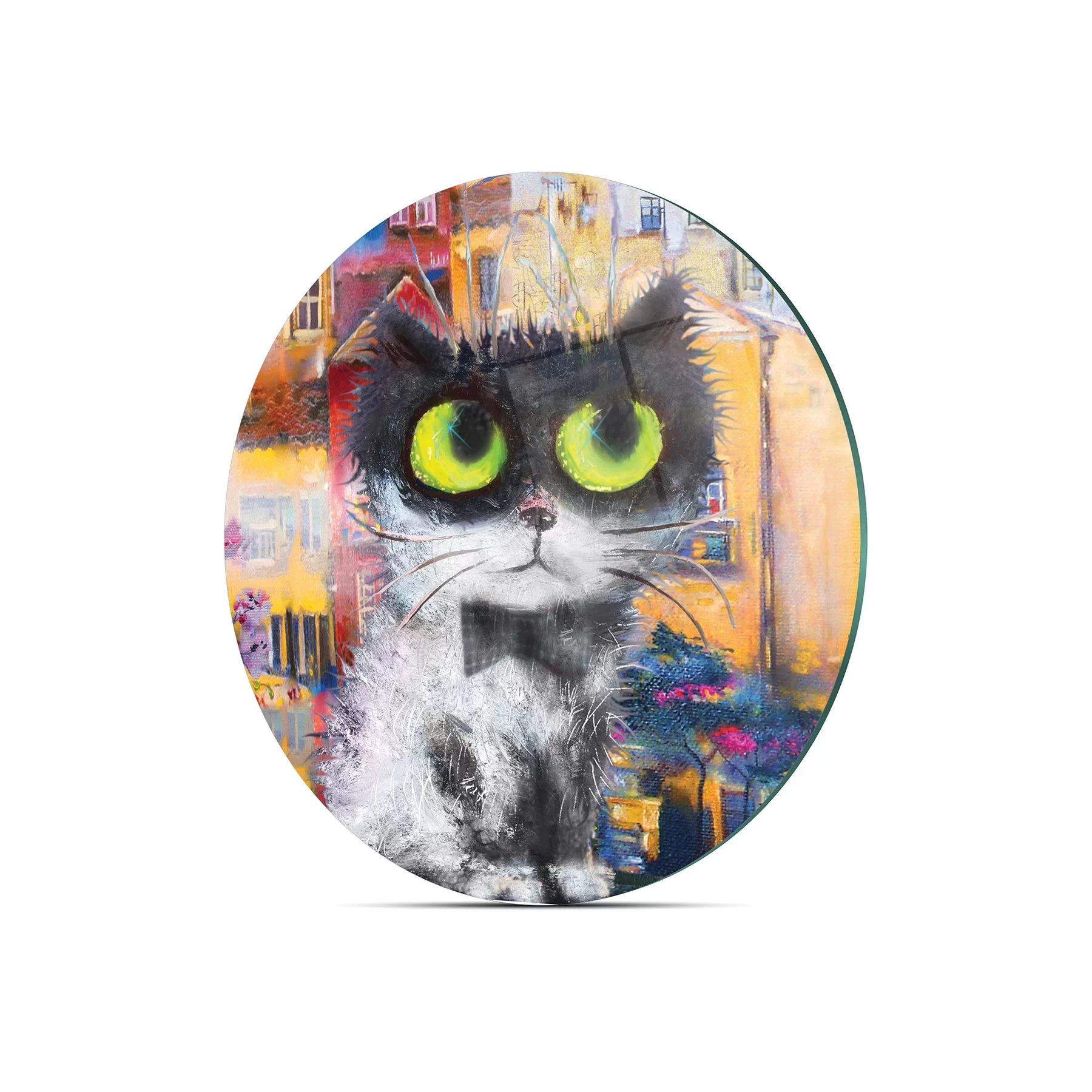 Picture of Decovetro Cam Kesme Tahtası ve Sunumluk Yuvarlak Beyaz Kedi Desenli 30x30 Cm