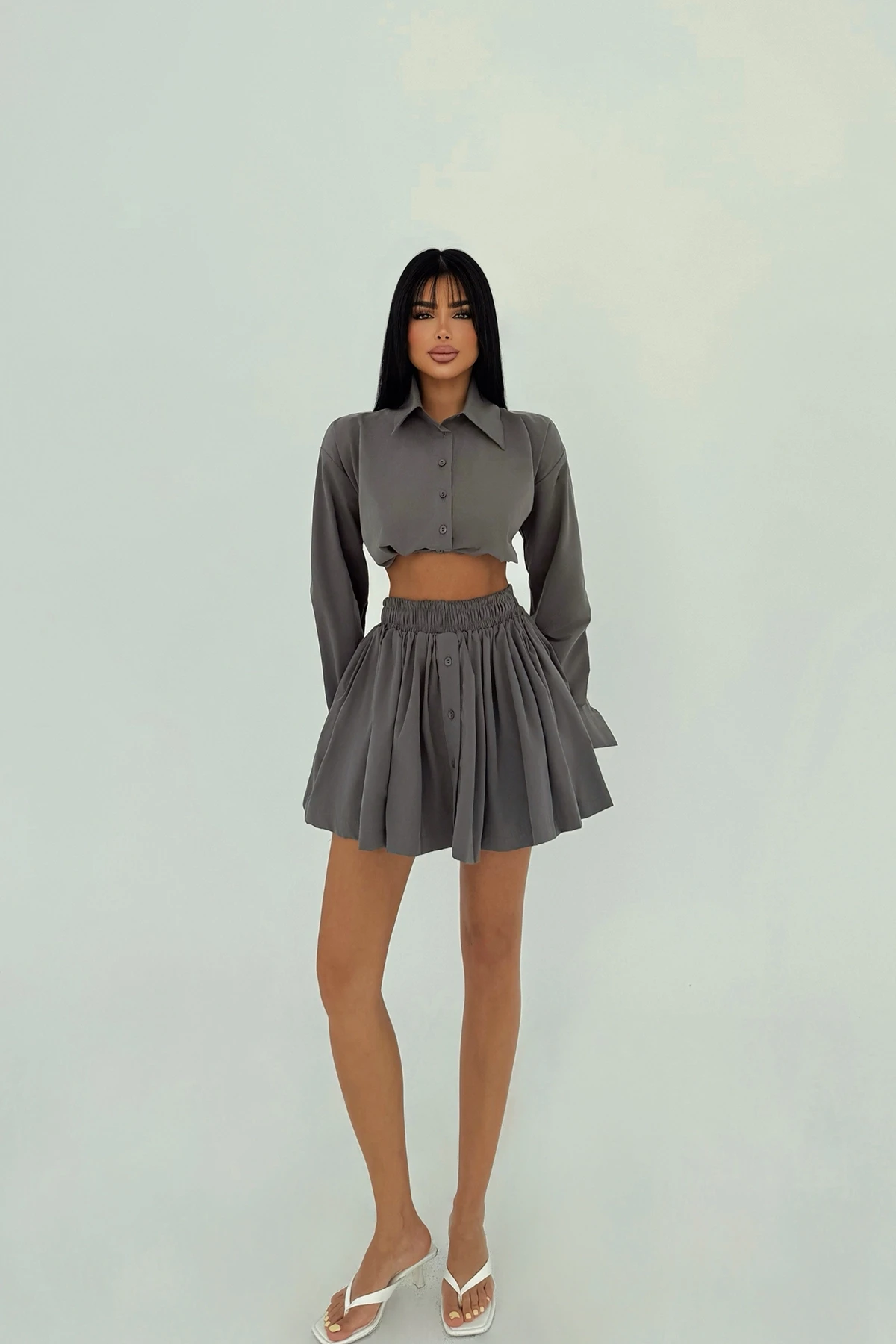 Picture of Grey Front Buttoned Skirt Suit