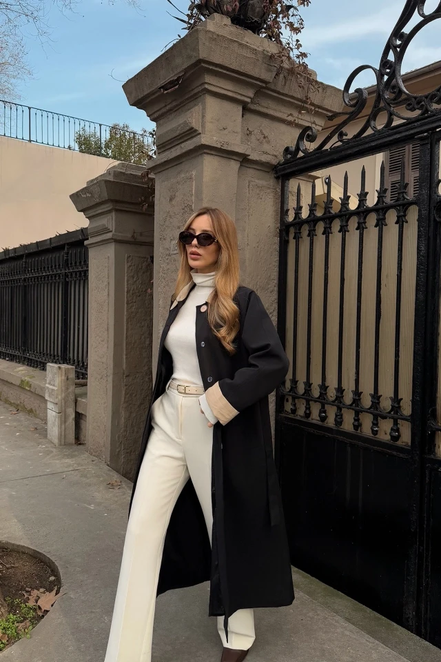 Picture of Black Shirt Collar Long Trench Coat