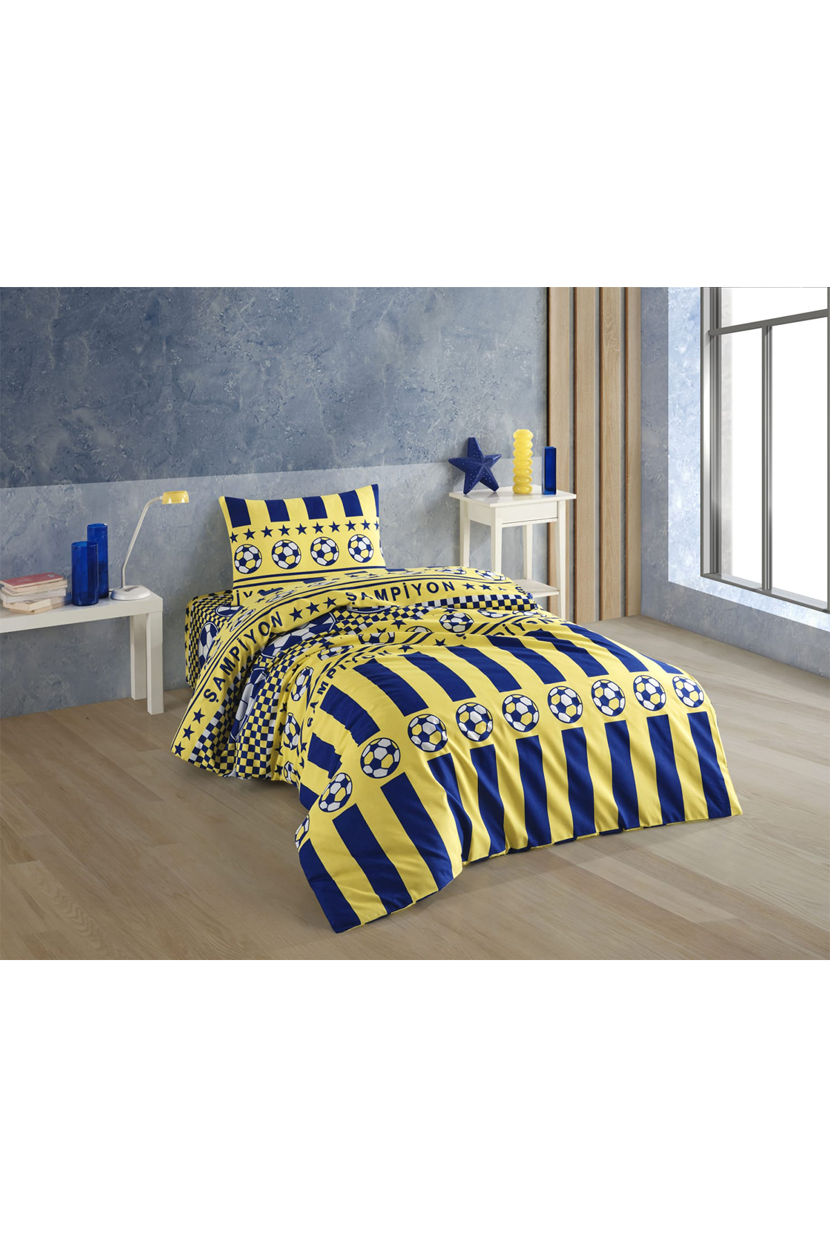 Picture of Sarı Lacivert Taraftar Desenli Tek Kişilik Nevresim Takımı