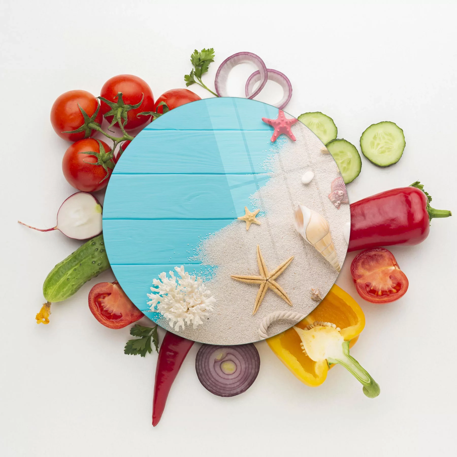 Picture of Decovetro Cam Kesme Tahtası ve Sunumluk Yuvarlak Turkuaz Yaz Desenli 30x30 Cm