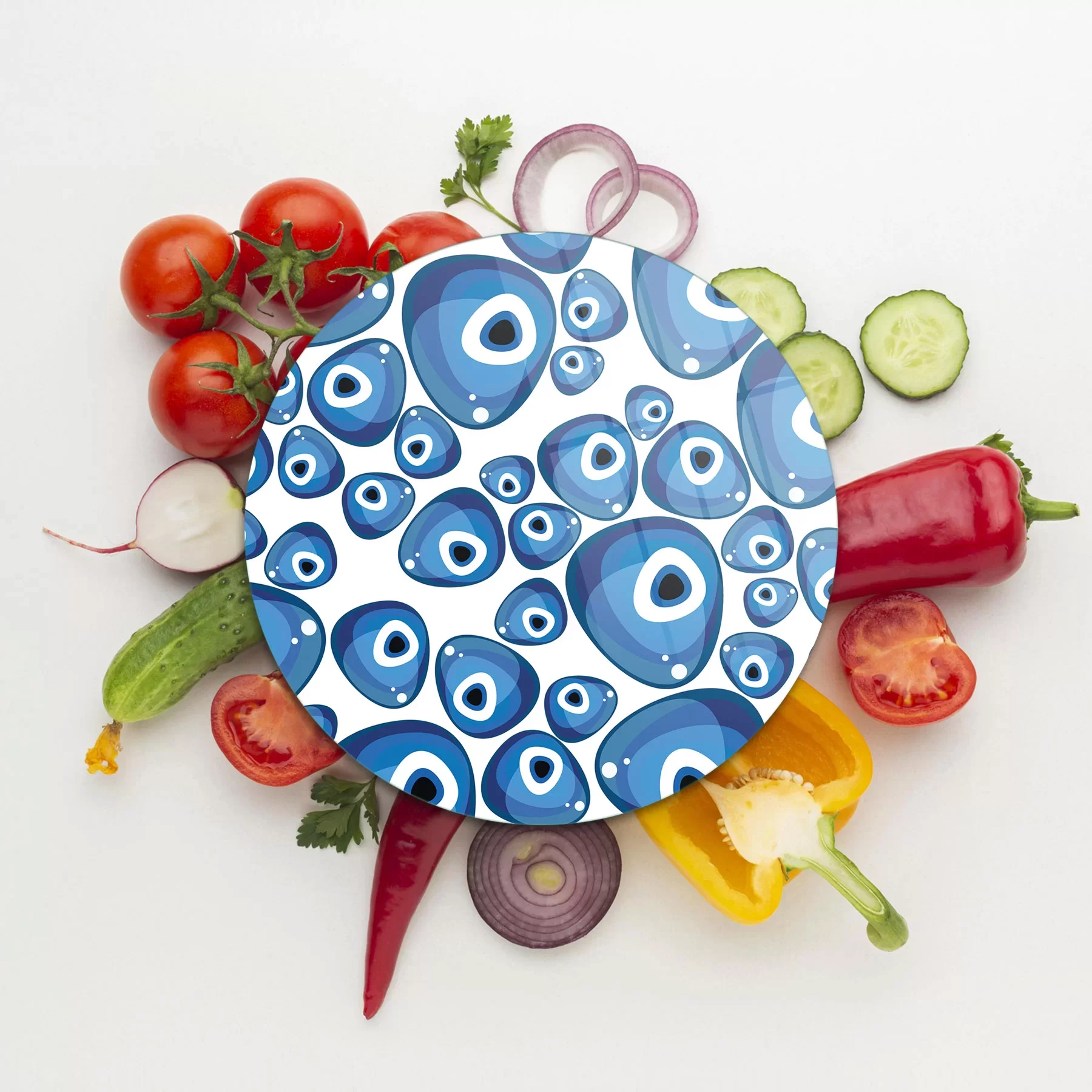 Picture of Decovetro Cam Kesme Tahtası ve Sunumluk Yuvarlak Nazar Boncukları Desenli 30x30 Cm