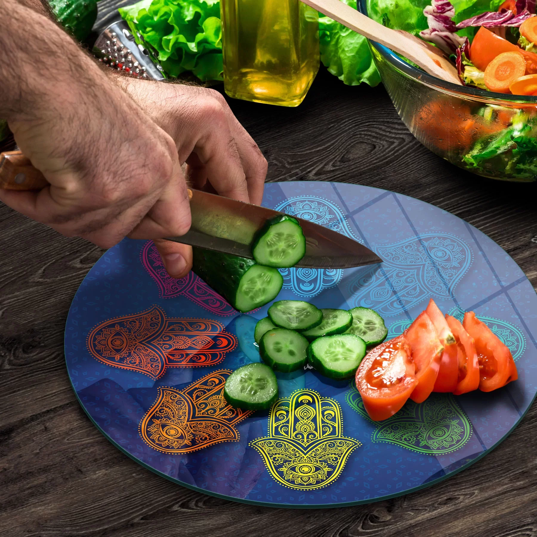 Picture of Decovetro Cam Kesme Tahtası ve Sunumluk Yuvarlak Hamsa Desenli 30x30 Cm