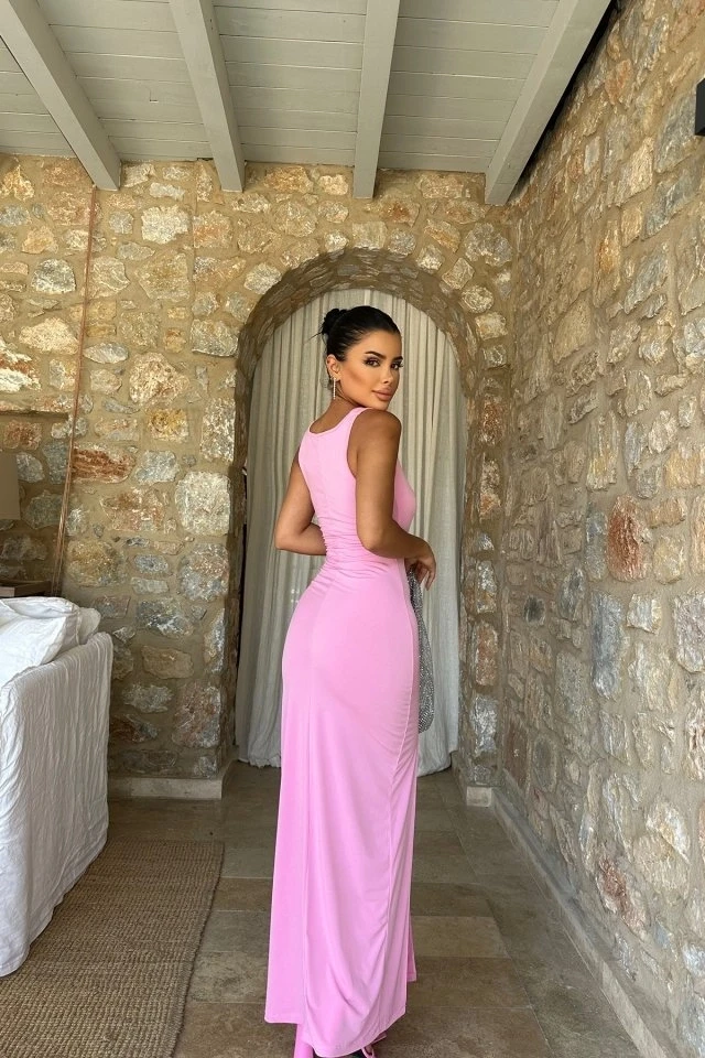Picture of Pink Square Collar Slit dress