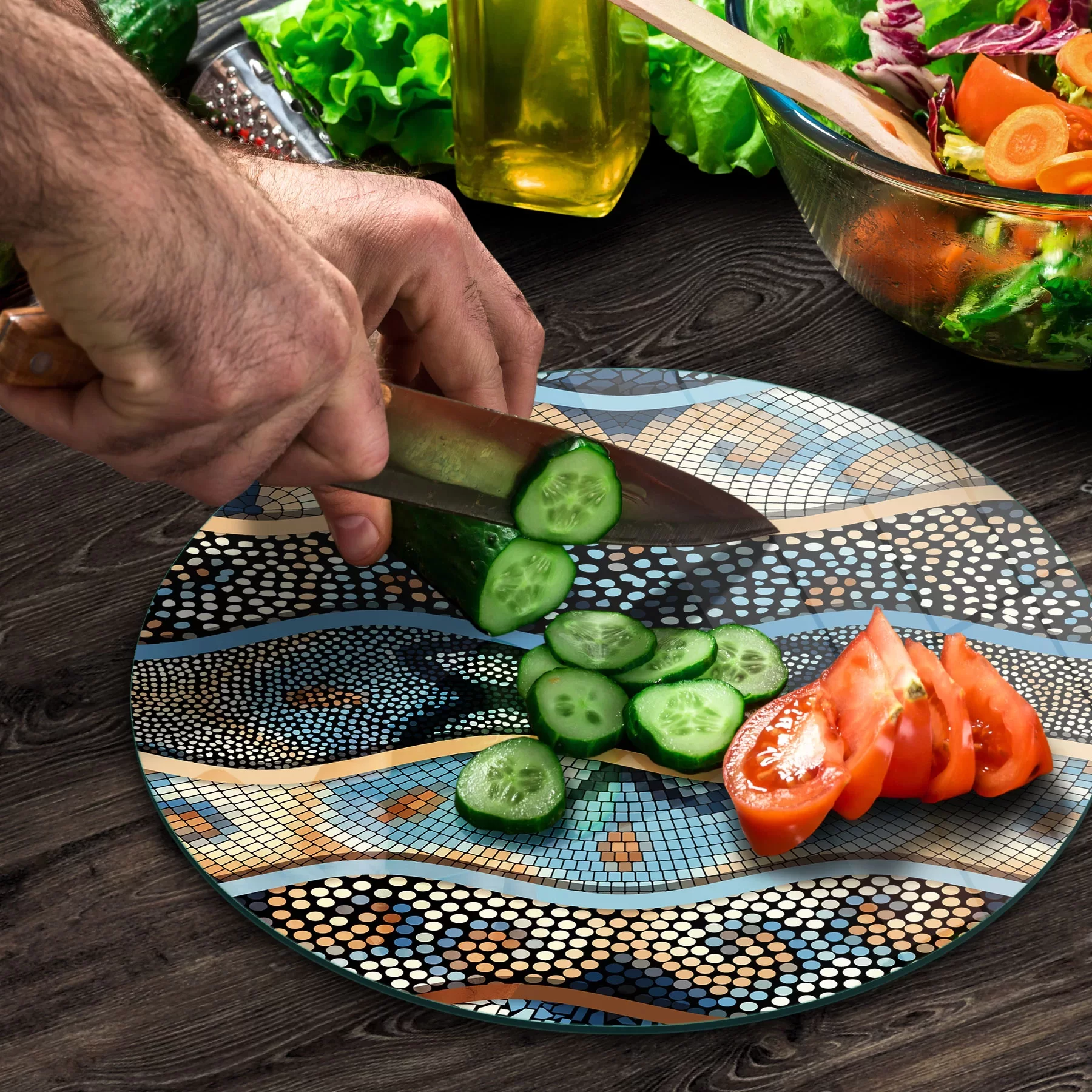 Picture of Decovetro Cam Kesme Tahtası ve Sunumluk Yuvarlak Mozaik Çini Desenli 30x30 Cm