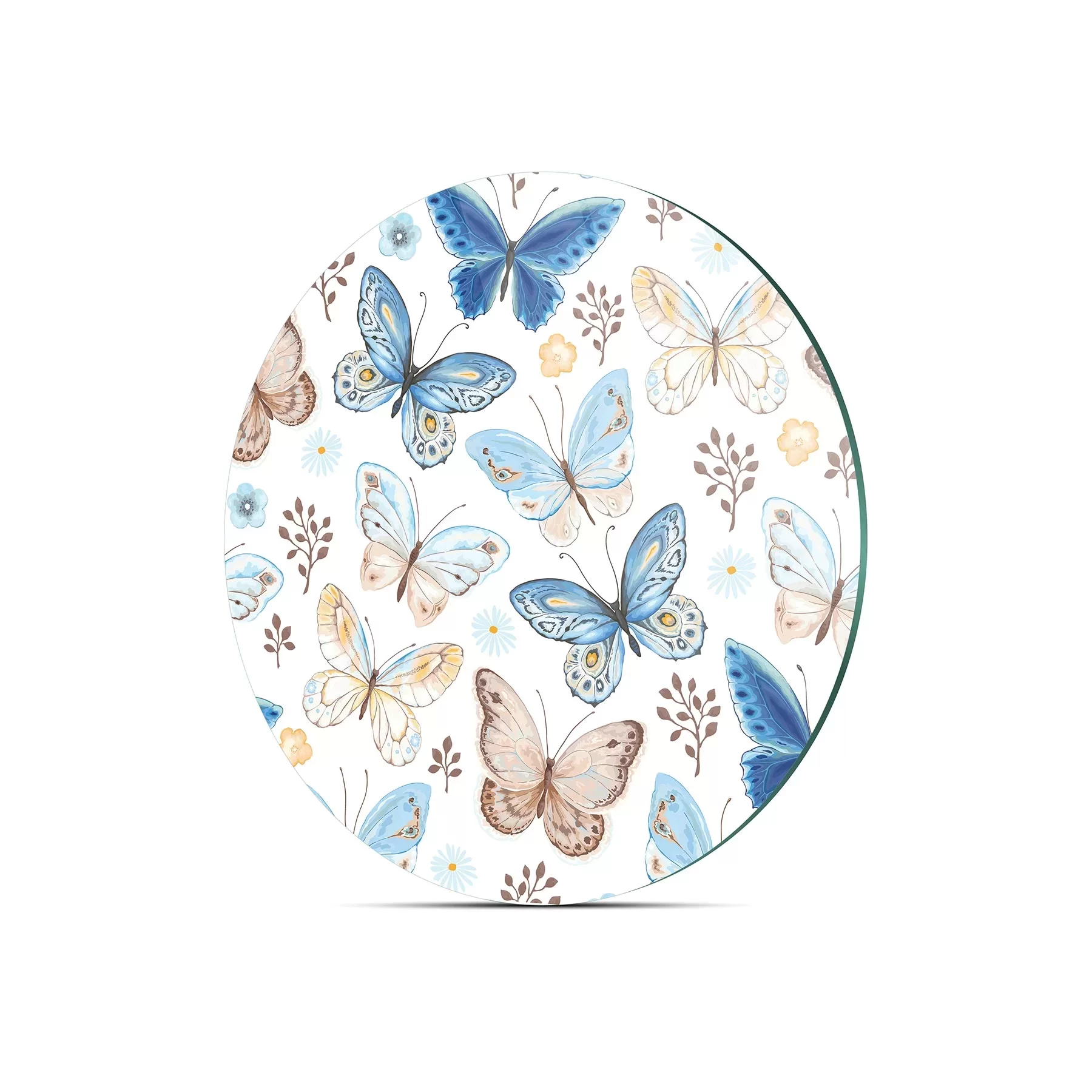 Picture of Decovetro Cam Kesme Tahtası ve Sunumluk Yuvarlak Mavi Kelebek Desenli 30x30 Cm