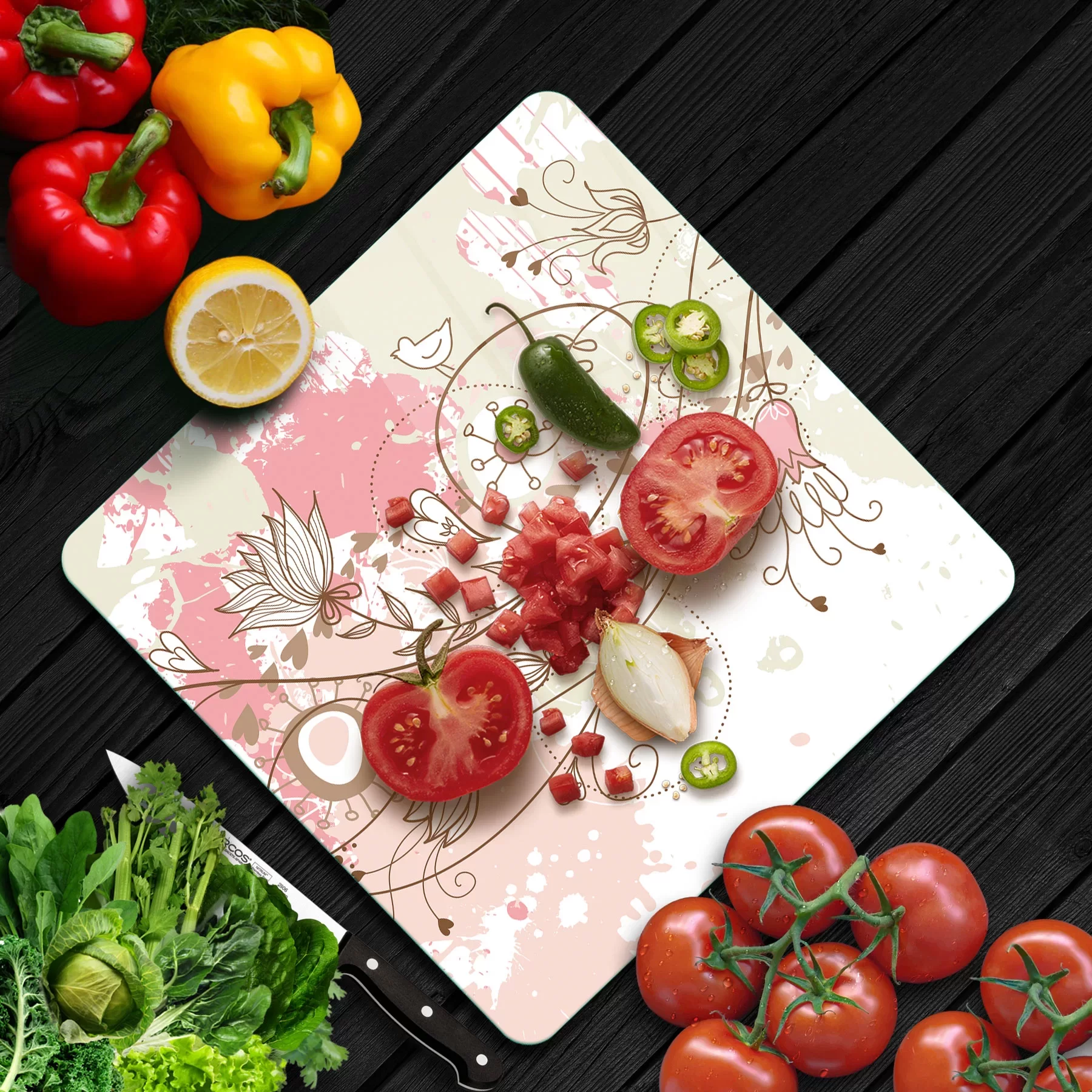 Picture of Decovetro Cam Kesme Tahtası ve Sunumluk Kare Sarmaşık Çiçeği Desenli 30x30 Cm