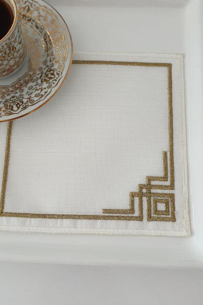 Picture of Köşe Nakışlı Keten Kare Bardak Altlığı Seti 6 Lı Kahve