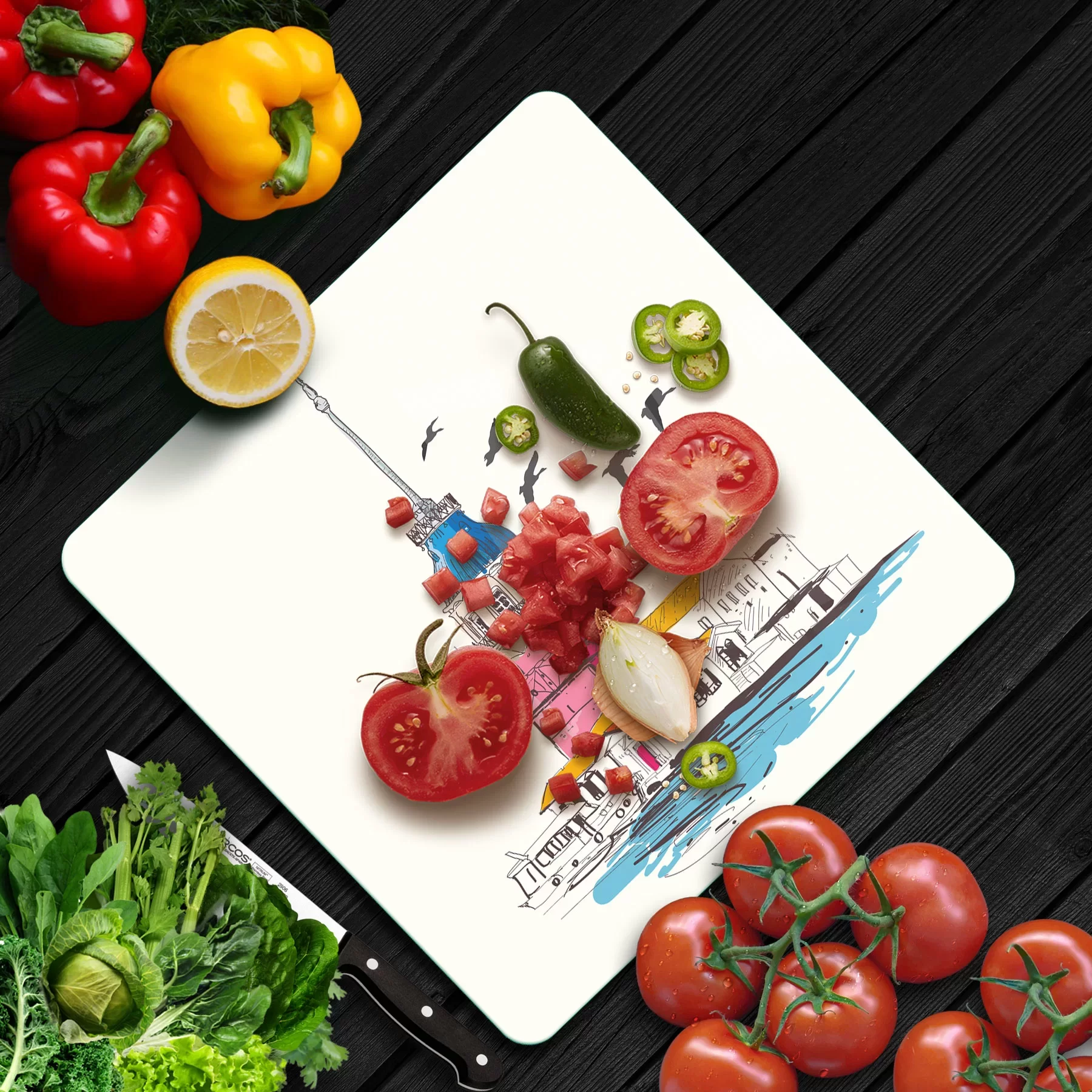 Picture of Decovetro Cam Kesme Tahtası ve Sunumluk Kare Kız Kulesi Desenli 30x30 Cm