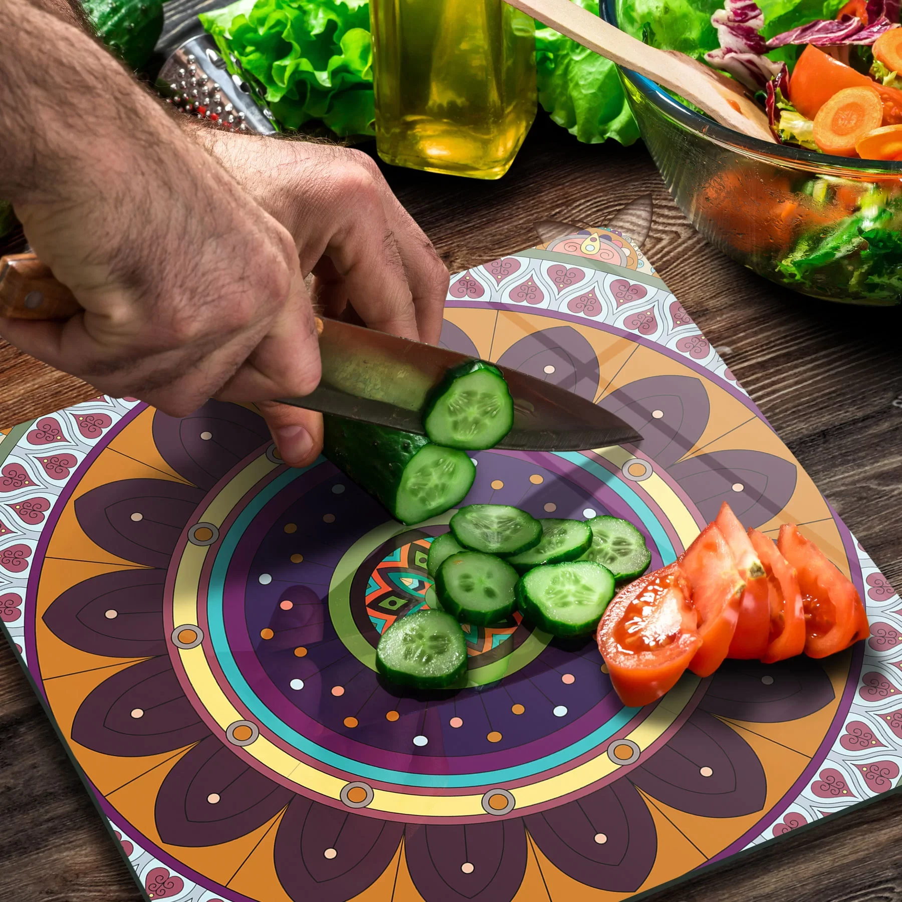 Picture of Decovetro Cam Kesme Tahtası ve Sunumluk Kare Mandala 1 Desenli 30x30 Cm