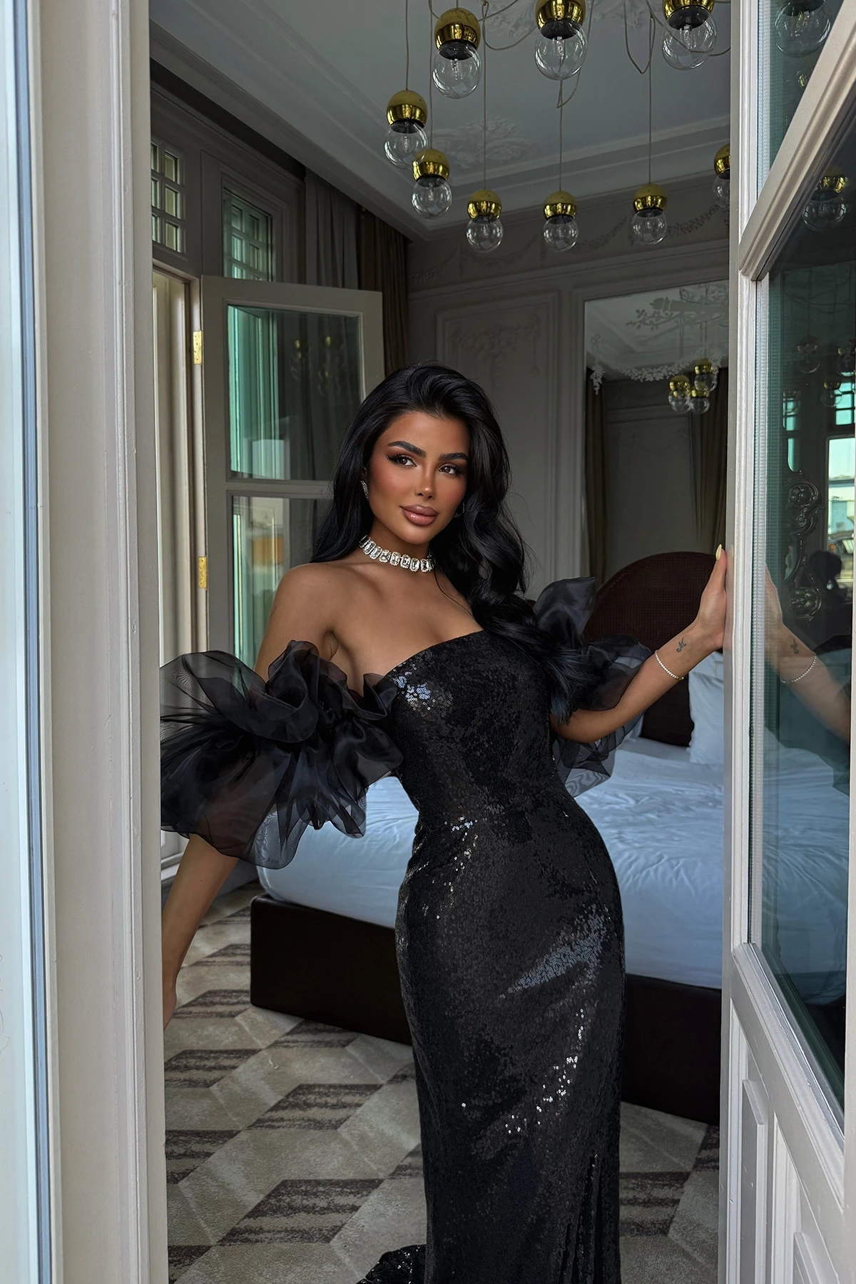 Picture of Black Strap Slit Detail Evening Dress