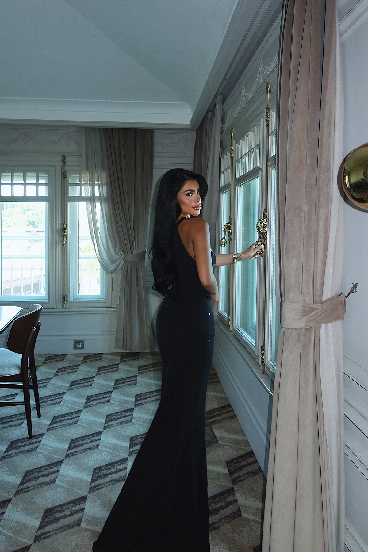 Picture of Black Stone Detail Long Evening Dress