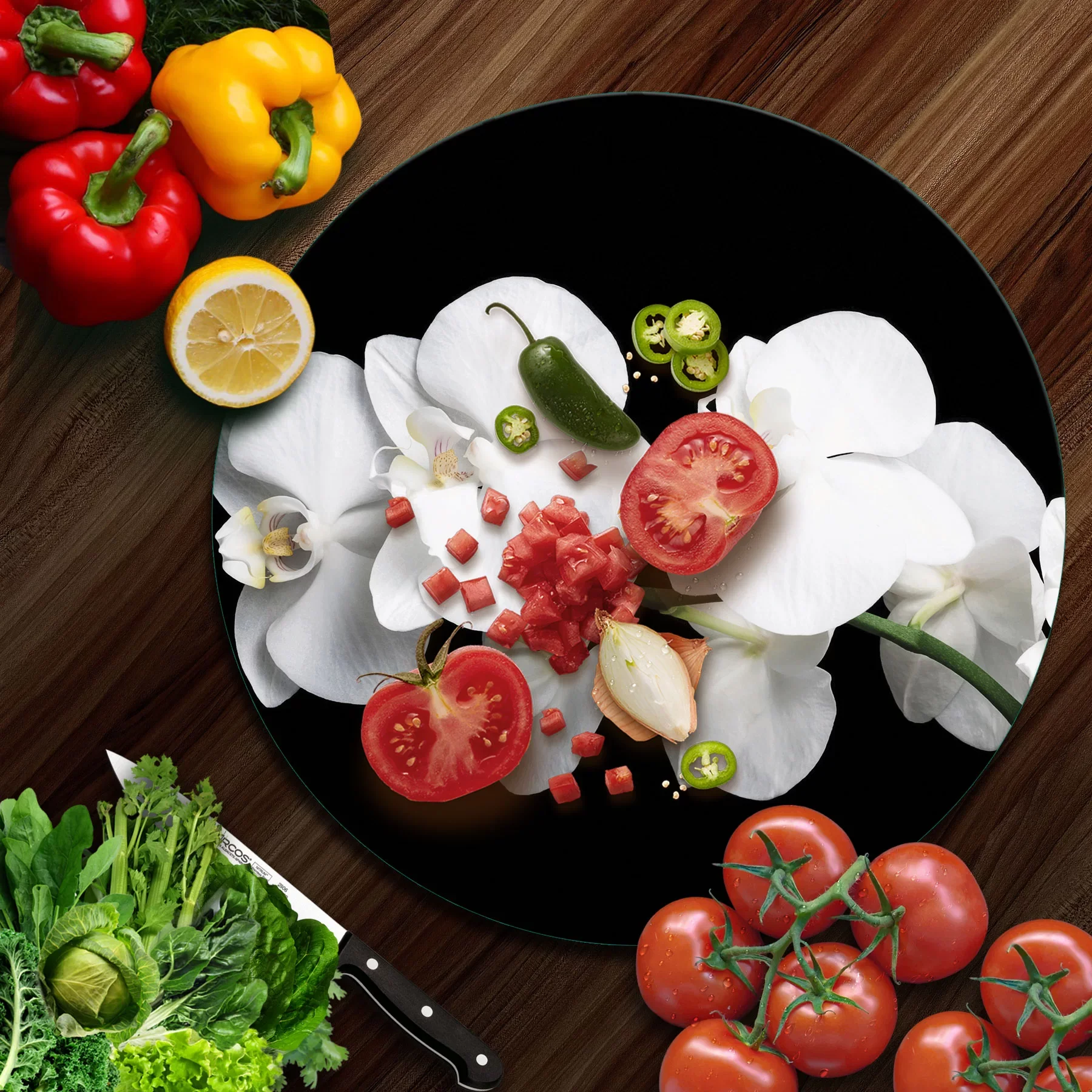 Picture of Decovetro Cam Kesme Tahtası ve Sunumluk Yuvarlak Orkide Desenli 30x30 Cm