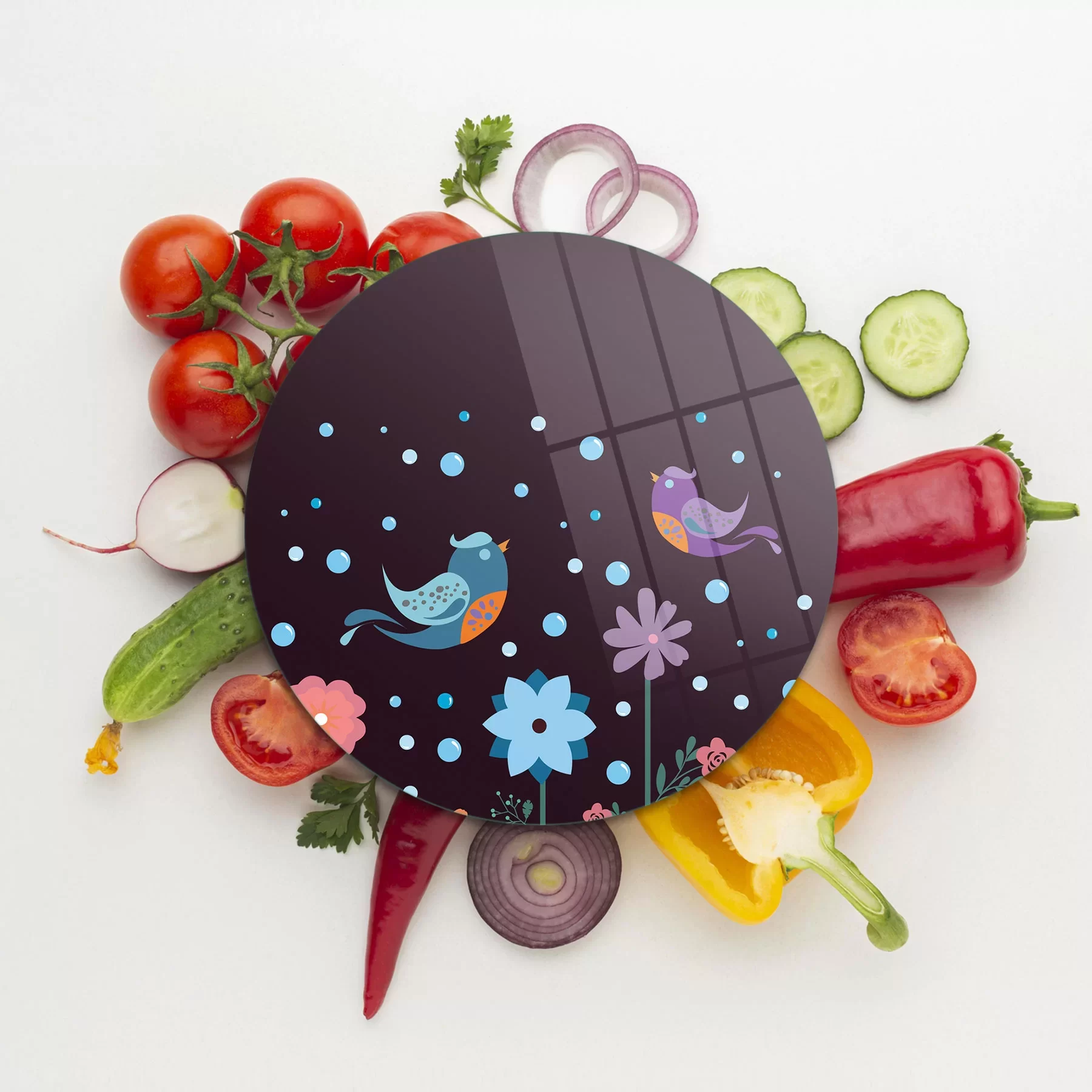 Picture of Decovetro Cam Kesme Tahtası ve Sunumluk Yuvarlak Aşk Kuşları Desenli 30 x 30 Cm