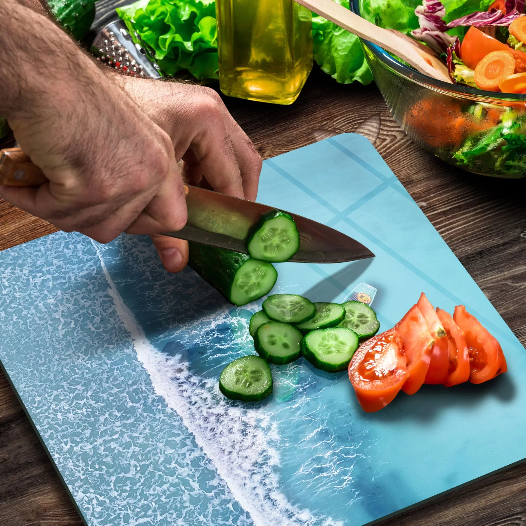 Picture of Decovetro Cam Kesme Tahtası ve Sunumluk Kare Turkuaz Deniz Desenli 30x30 Cm