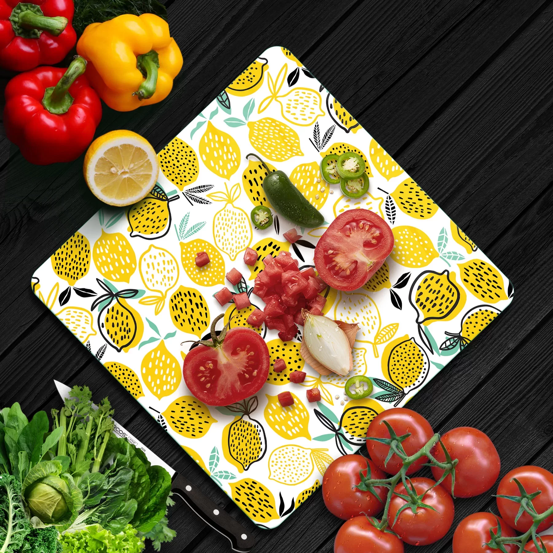 Picture of Decovetro Cam Kesme Tahtası ve Sunumluk Kare Limon Desenli 30x30 Cm