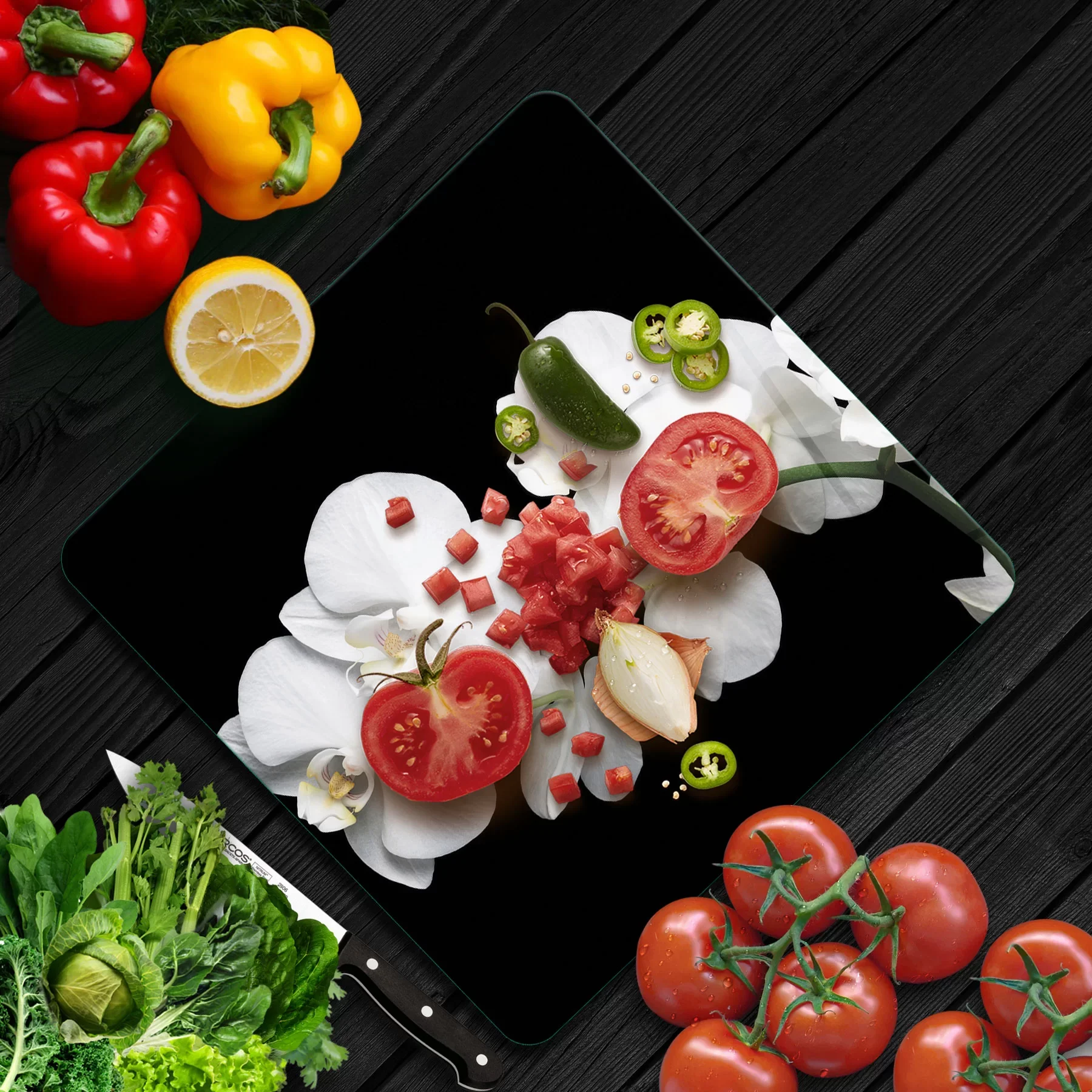 Picture of Decovetro Cam Kesme Tahtası ve Sunumluk Kare Orkide Desenli 30x30 Cm