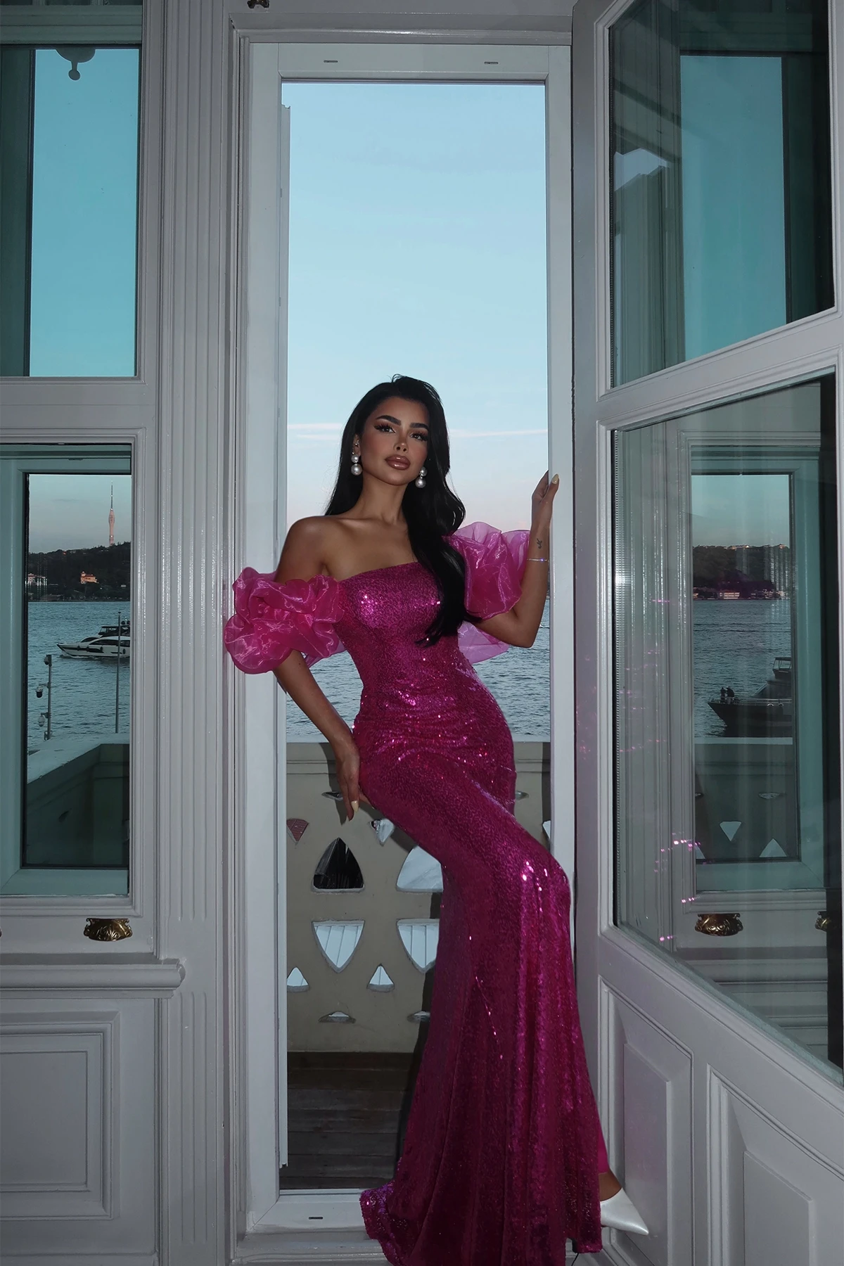 Picture of Fuchsia Strap Slit Detail Evening Dress