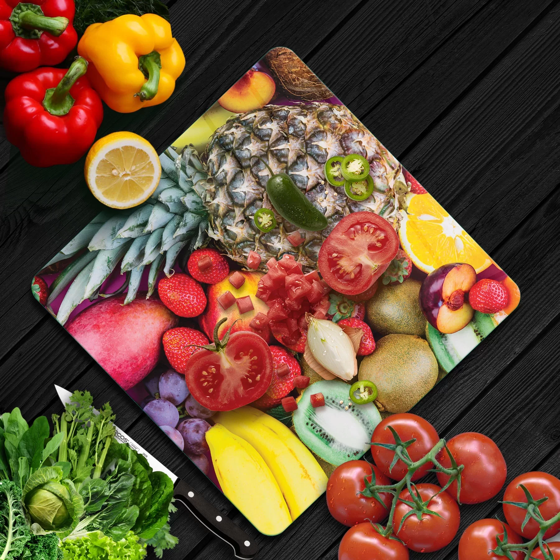 Picture of Decovetro Cam Kesme Tahtası ve Sunumluk Kare Meyve Sepeti Desenli 30x30 Cm