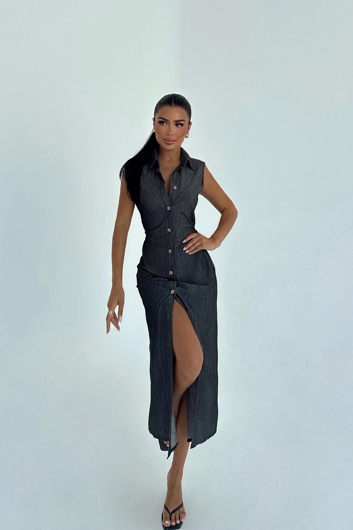 Picture of Anthracite Lyza Long Buttoned Dress