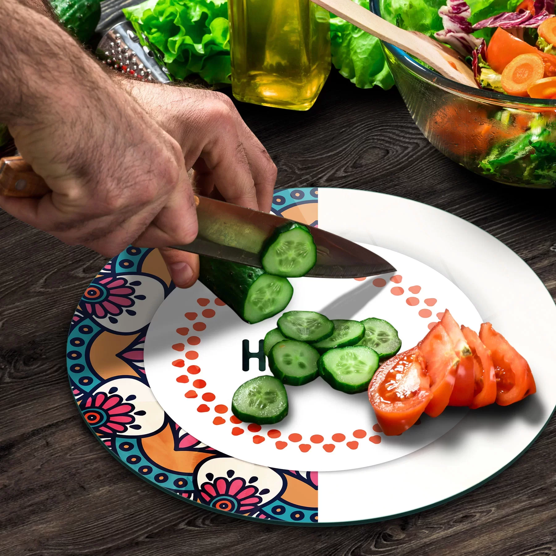 Picture of Decovetro Cam Kesme Tahtası ve Sunumluk Yuvarlak Hello Desenli 30x30 Cm