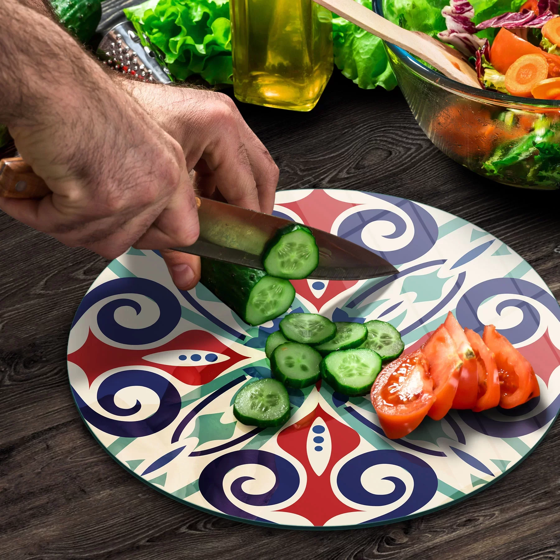 Picture of Decovetro Cam Kesme Tahtası ve Sunumluk Yuvarlak Çini Motif Desenli 30x30 Cm