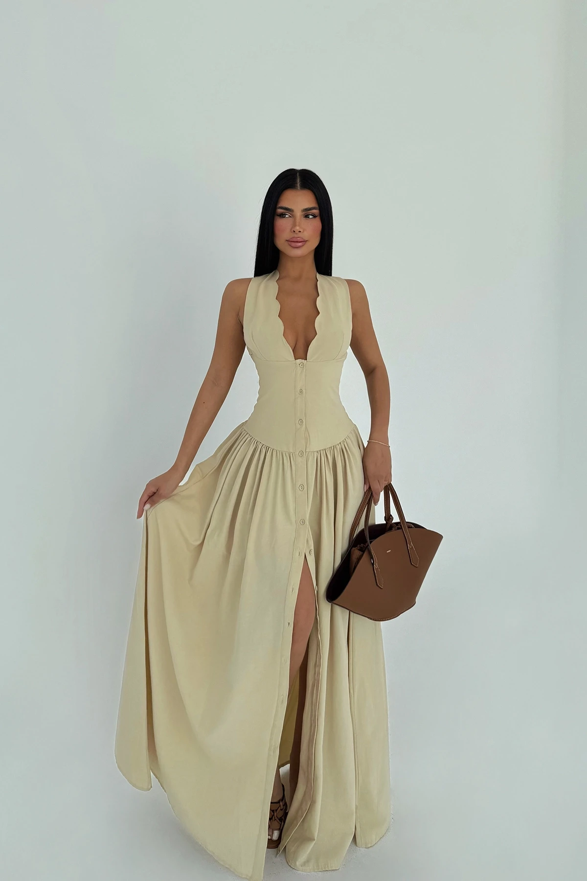 Picture of Cream Button Detail Dress