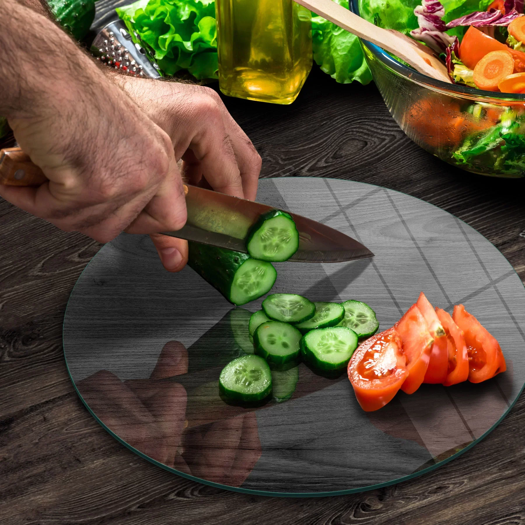 Picture of Decovetro Cam Kesme Tahtası ve Sunumluk Yuvarlak Siyah Ahşap Desenli 30x30 Cm