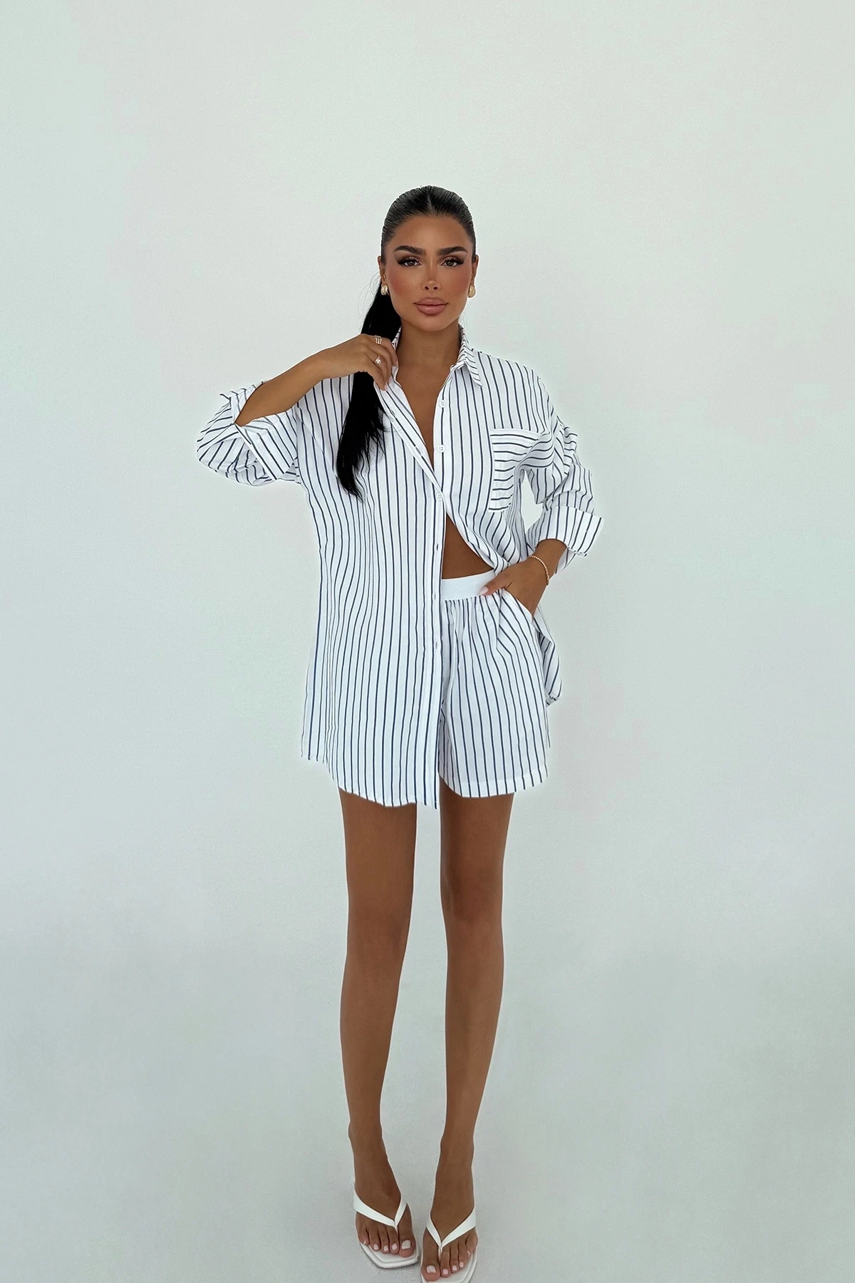 Picture of Navy Blue Striped Shorts Set