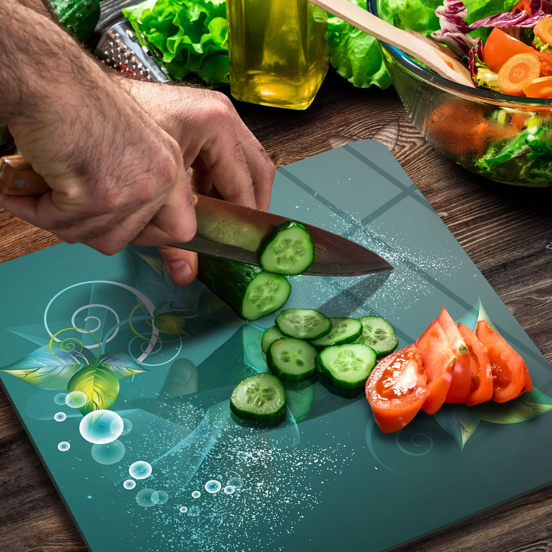 Picture of Decovetro Cam Kesme Tahtası ve Sunumluk Kare Yeşil Yaprak Desenli 30x30 Cm