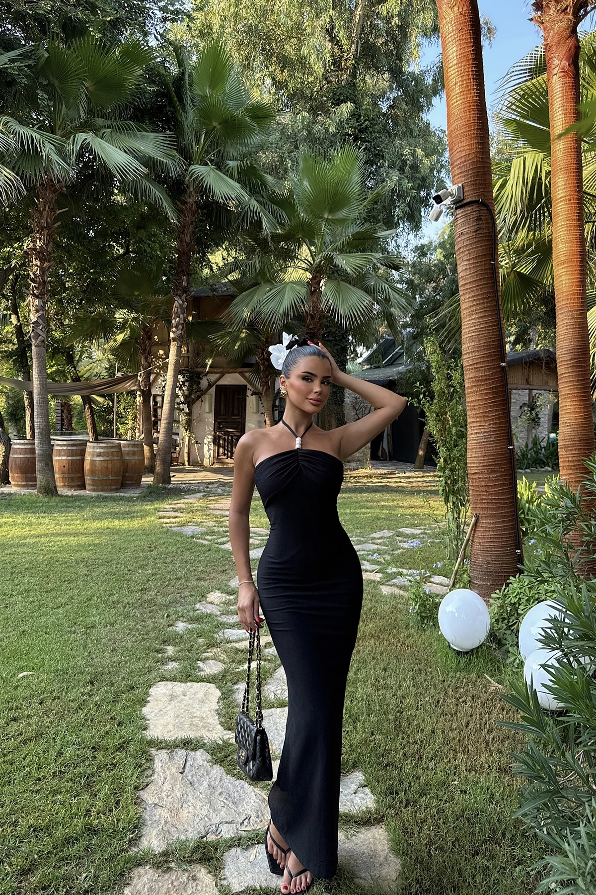 Picture of Black Nina Pearl Detail Halter Neck Dress