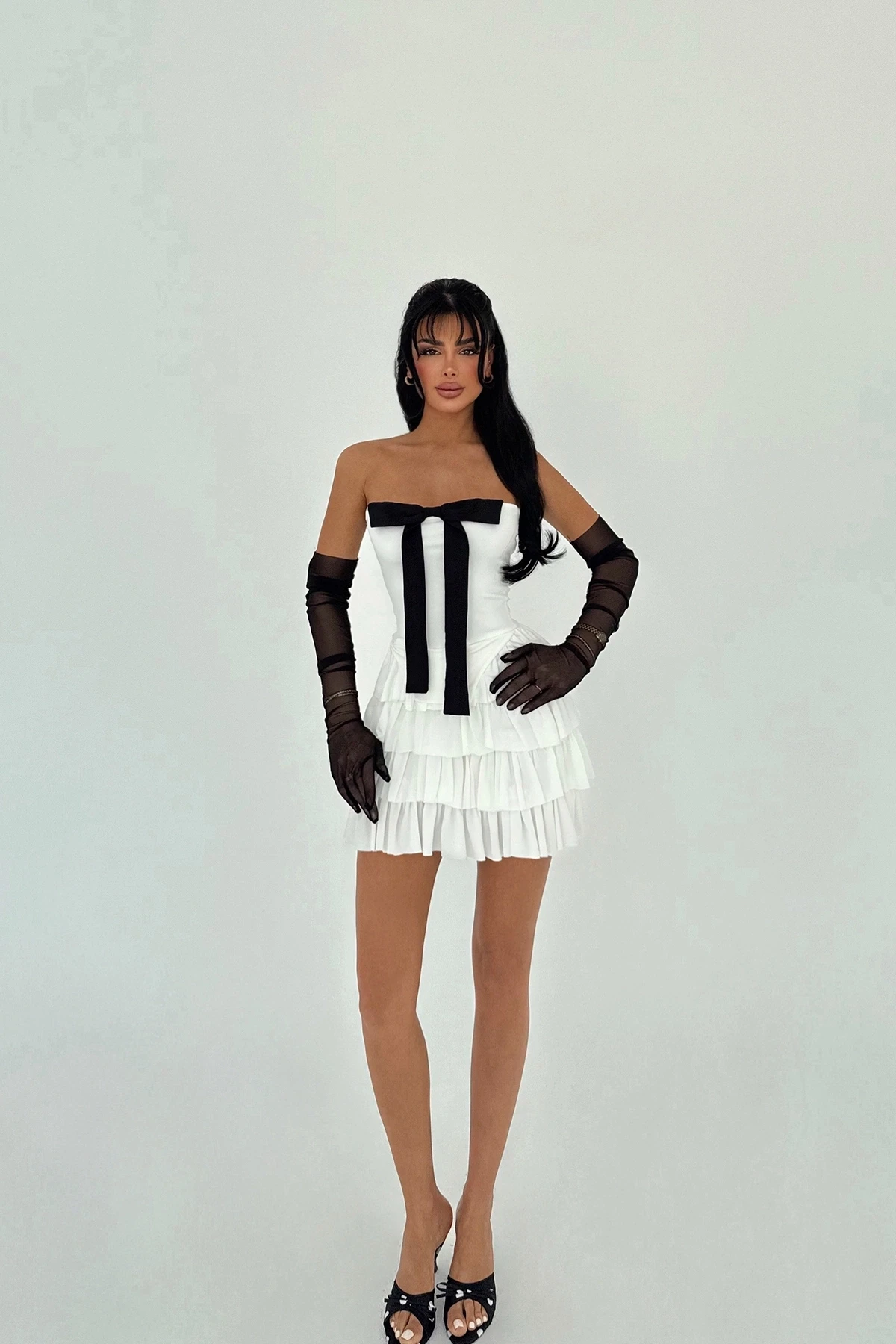 Picture of White Ramblas Mini Ruffle Dress with Glove Detail
