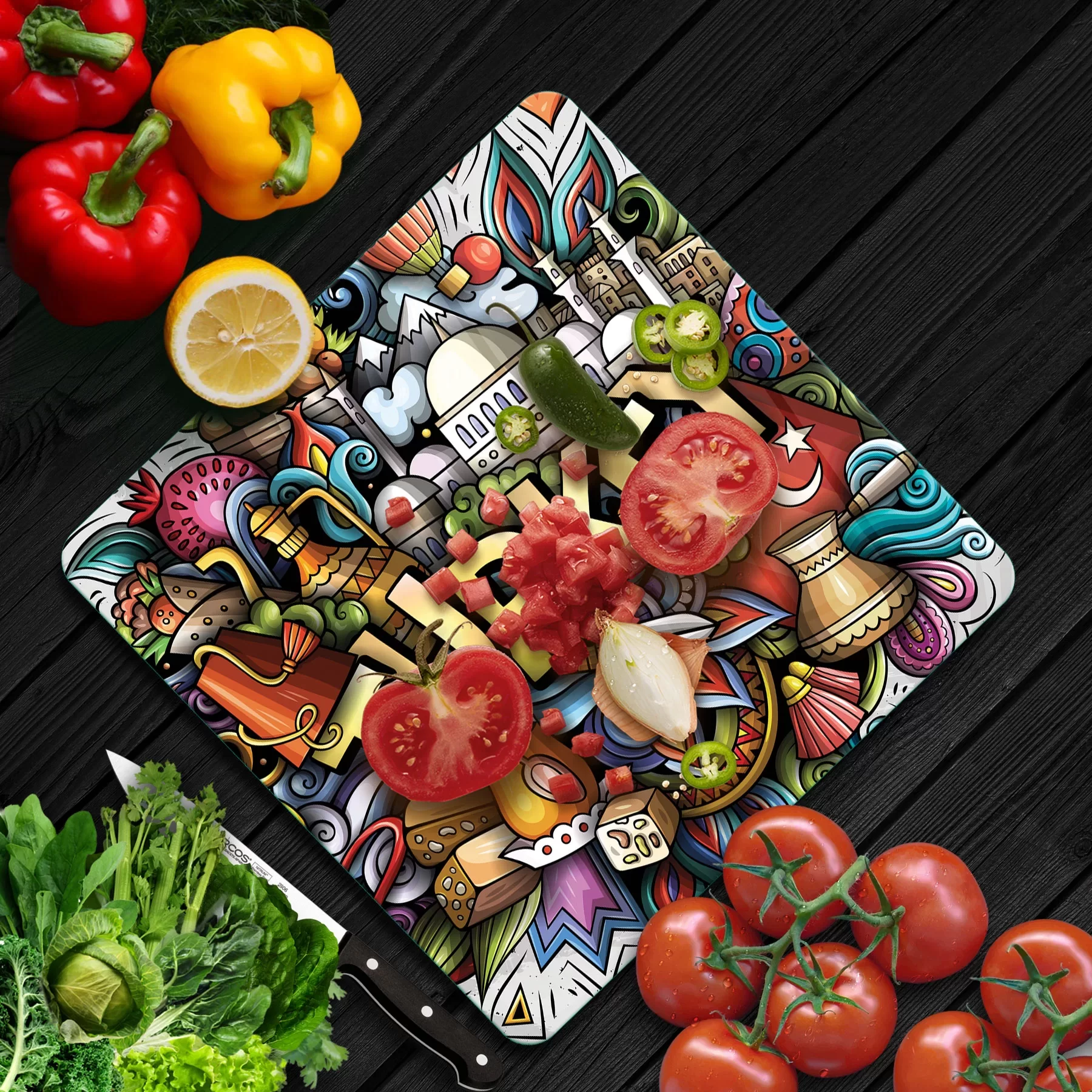 Picture of Decovetro Cam Kesme Tahtası ve Sunumluk Kare Turkey Desenli 30x30 Cm