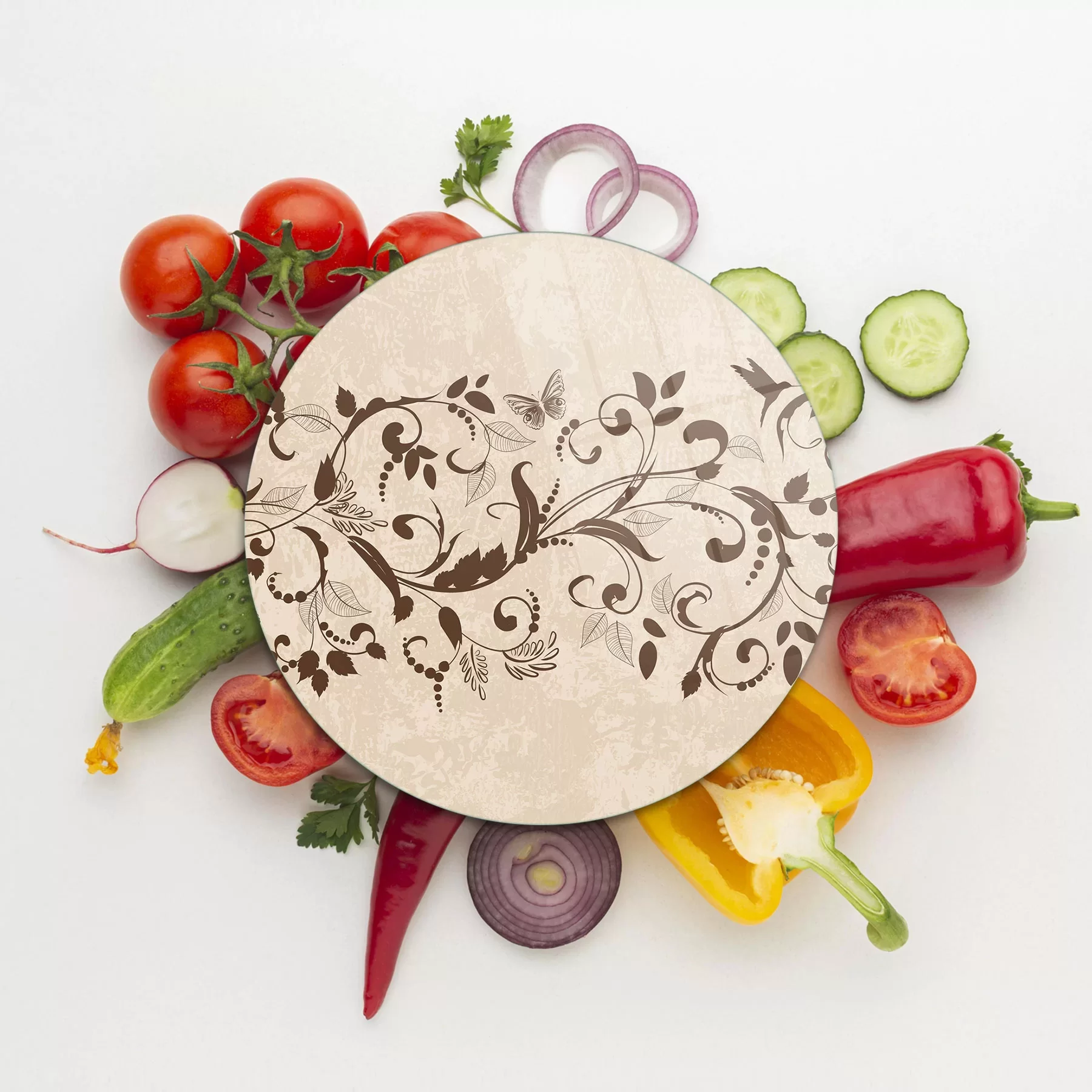 Picture of Decovetro Cam Kesme Tahtası ve Sunumluk Yuvarlak Sarmaşık Desenli 30x30 Cm