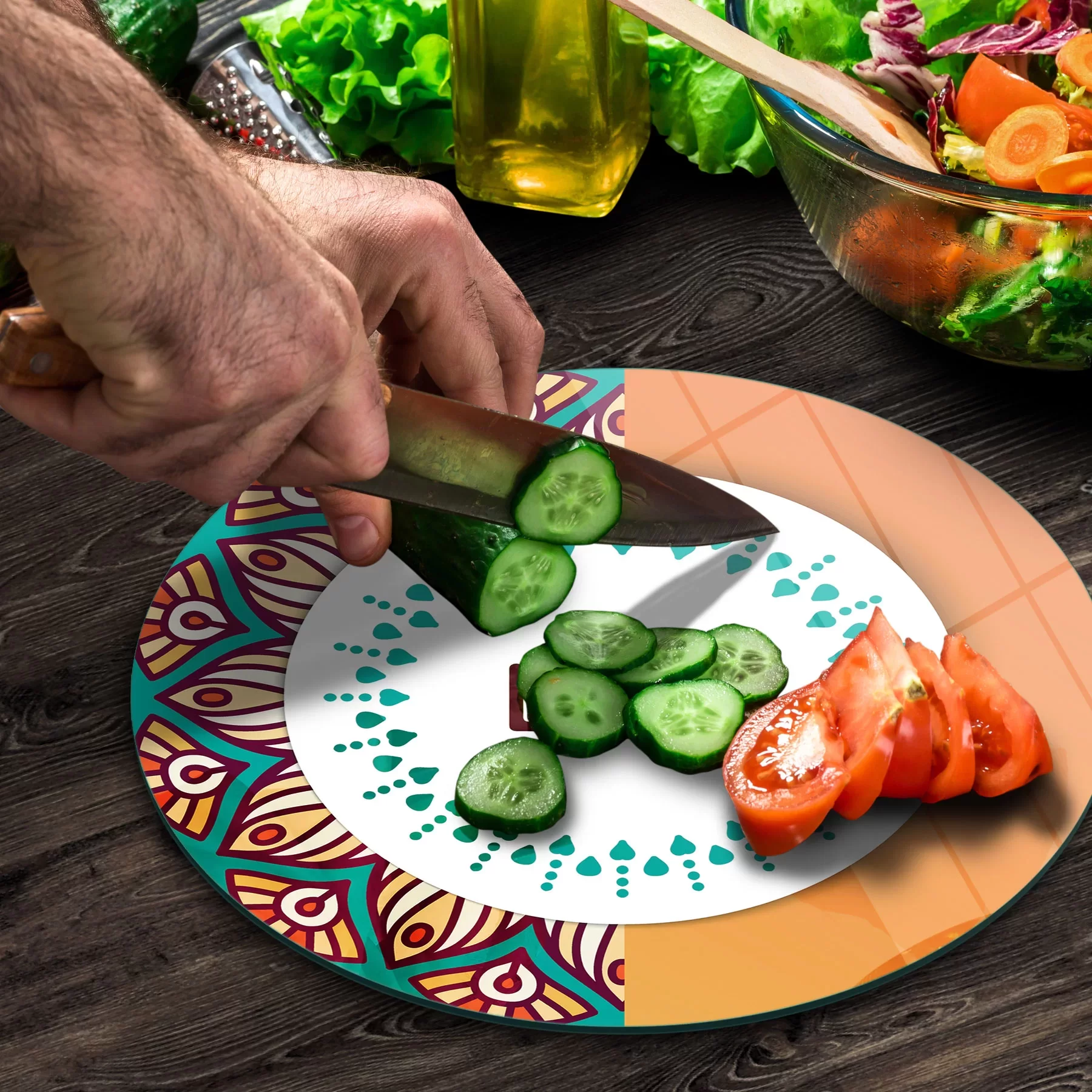 Picture of Decovetro Cam Kesme Tahtası ve Sunumluk Yuvarlak Turuncu Love Desenli 30x30 Cm