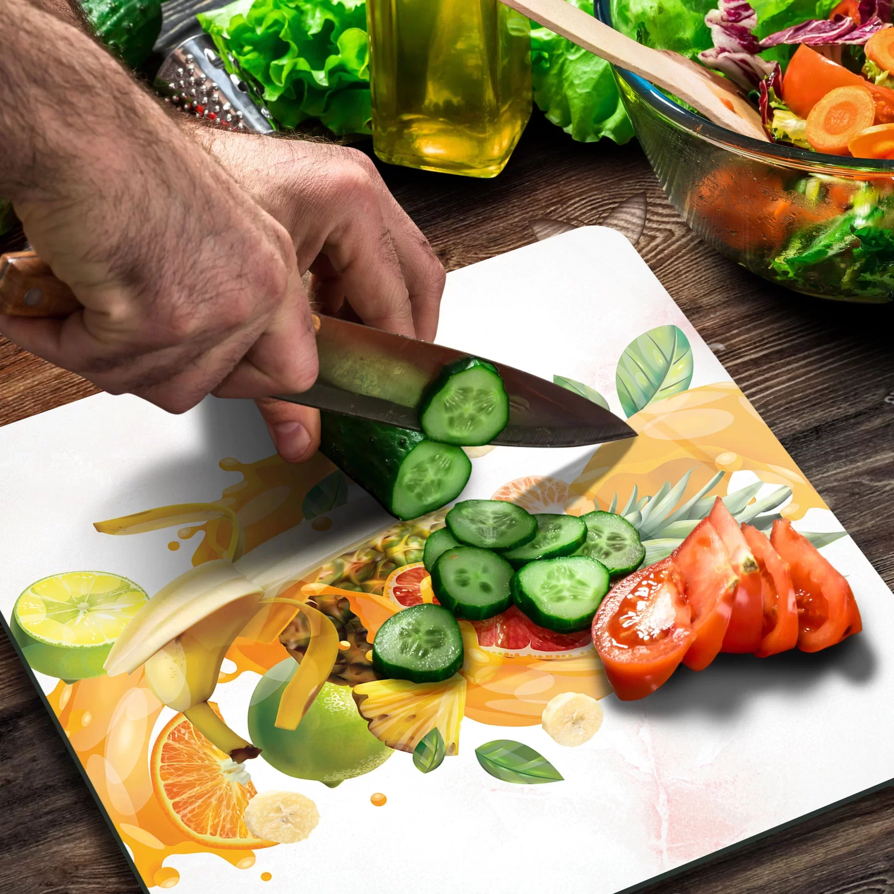 Picture of Decovetro Cam Kesme Tahtası ve Sunumluk Kare Meyve Kokteyli Desenli 30x30 Cm