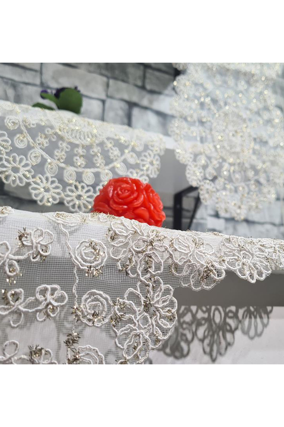 Picture of Çiçek Kordonlu 5 Parça Salon Takımı Krem - Gold