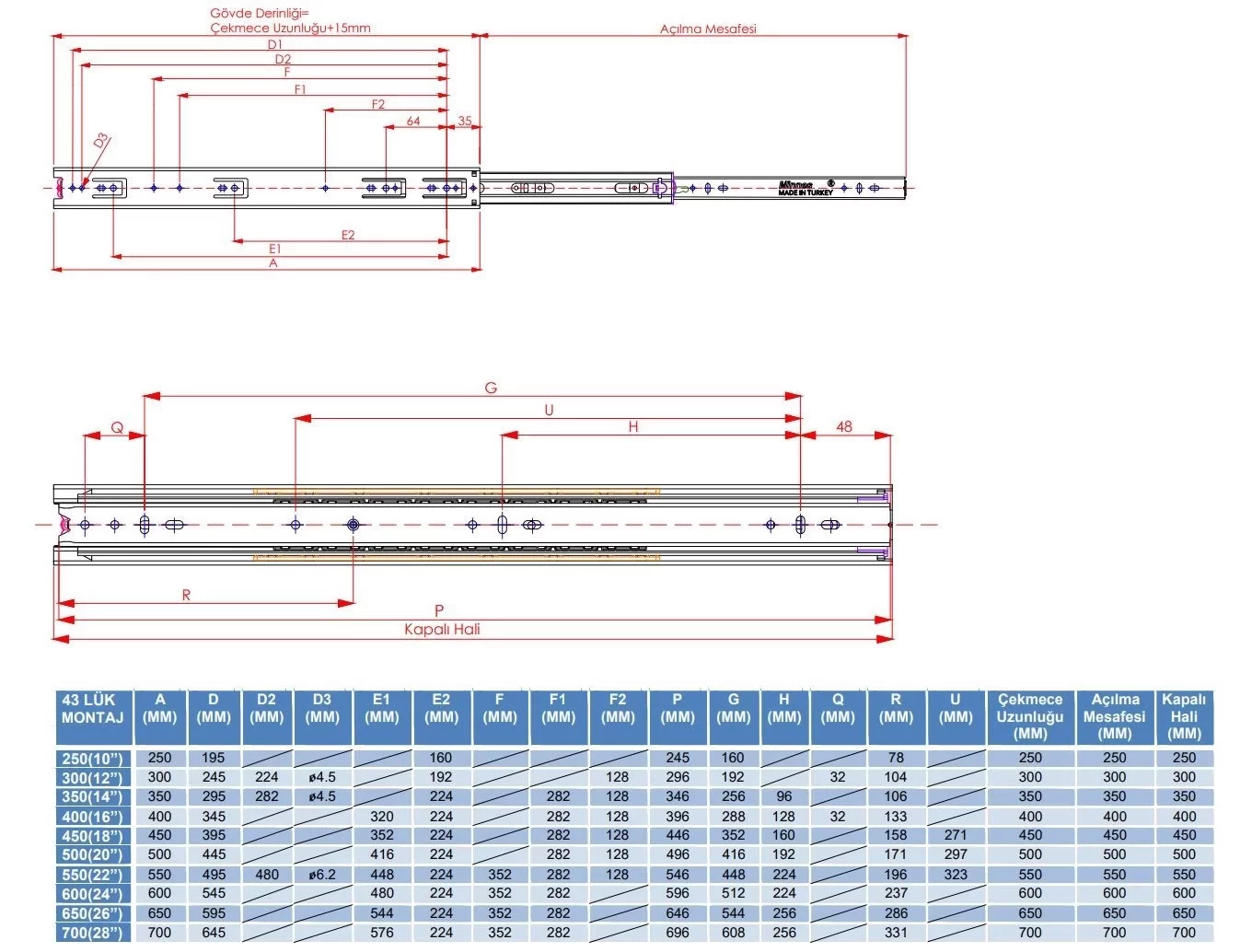 Picture of Minnes 43 mm Teleskopik Bilyalı Raylar