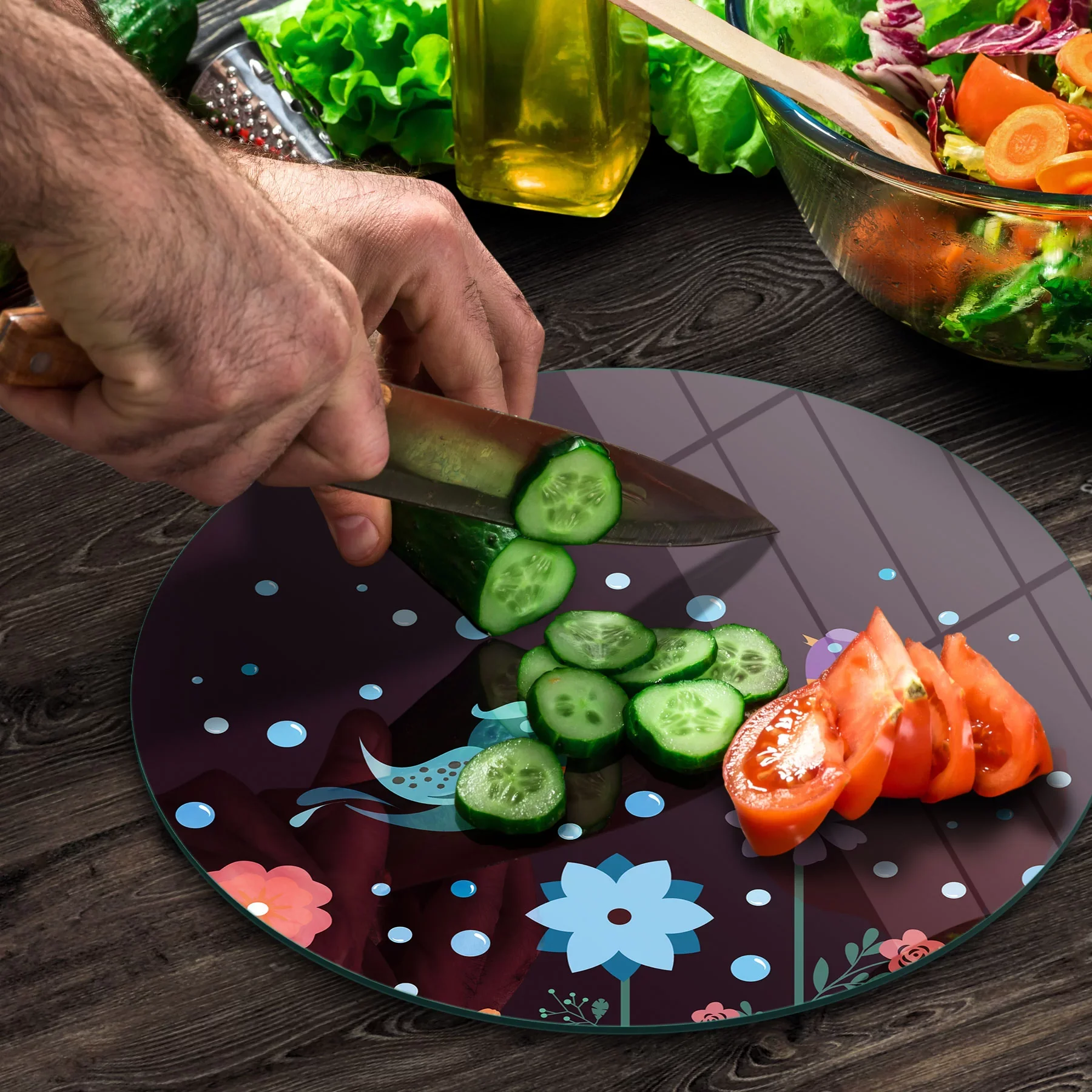 Picture of Decovetro Cam Kesme Tahtası ve Sunumluk Yuvarlak Aşk Kuşları Desenli 30 x 30 Cm