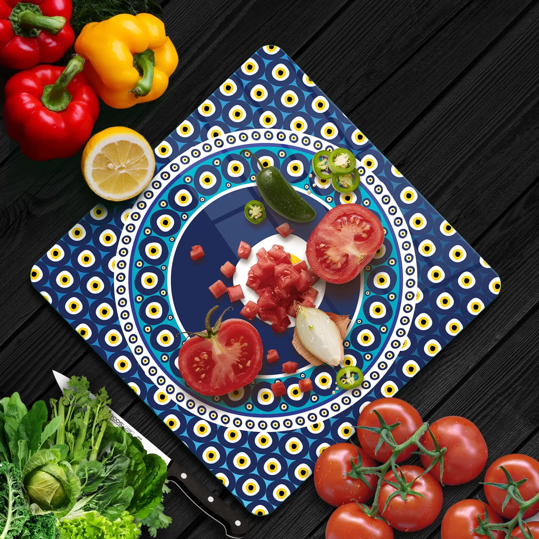 Picture of Decovetro Cam Kesme Tahtası ve Sunumluk Kare Nazar Boncuğu Desenli 30x30 Cm