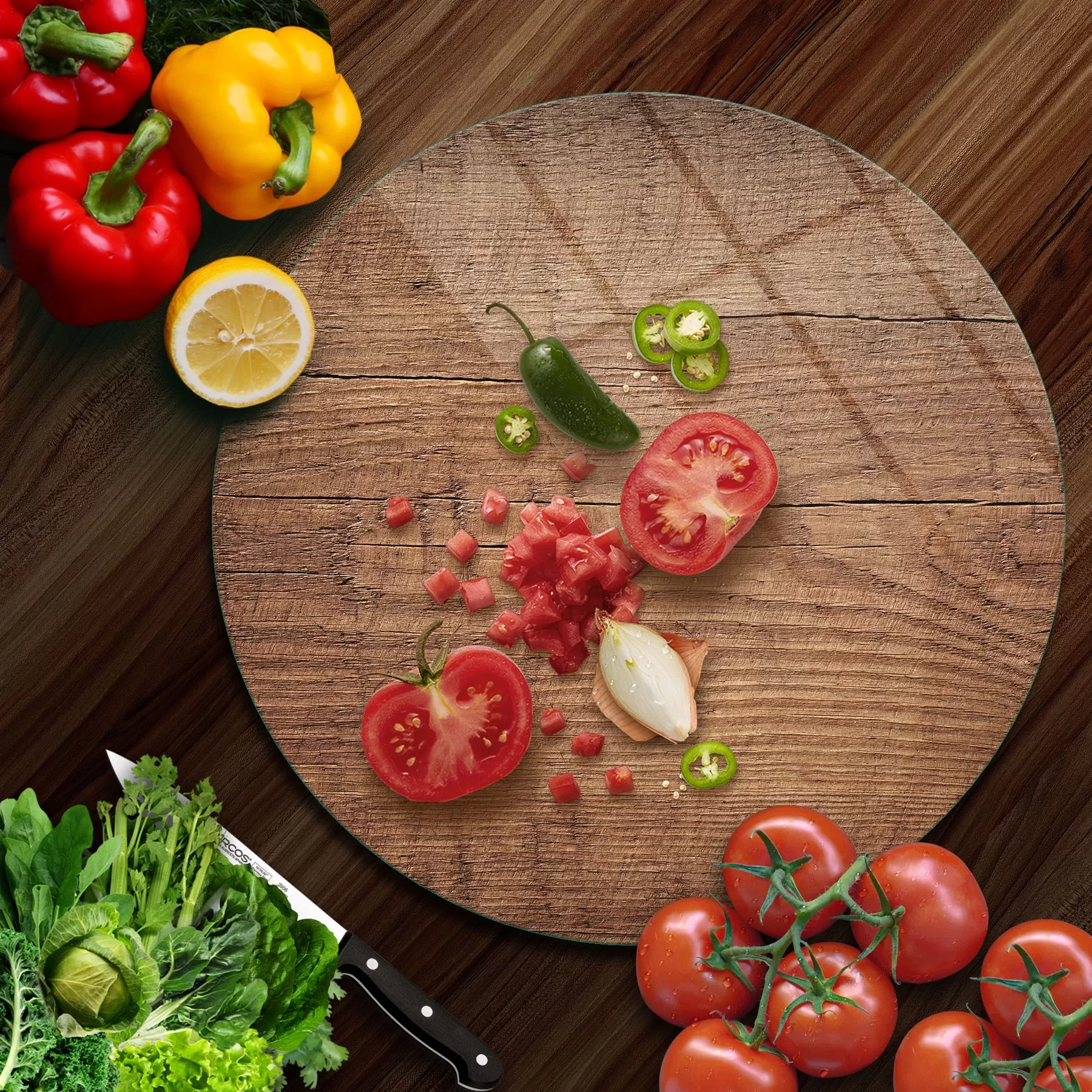 Picture of Decovetro Cam Kesme Tahtası ve Sunumluk Yuvarlak Eski Ahşap Desenli 30x30 Cm