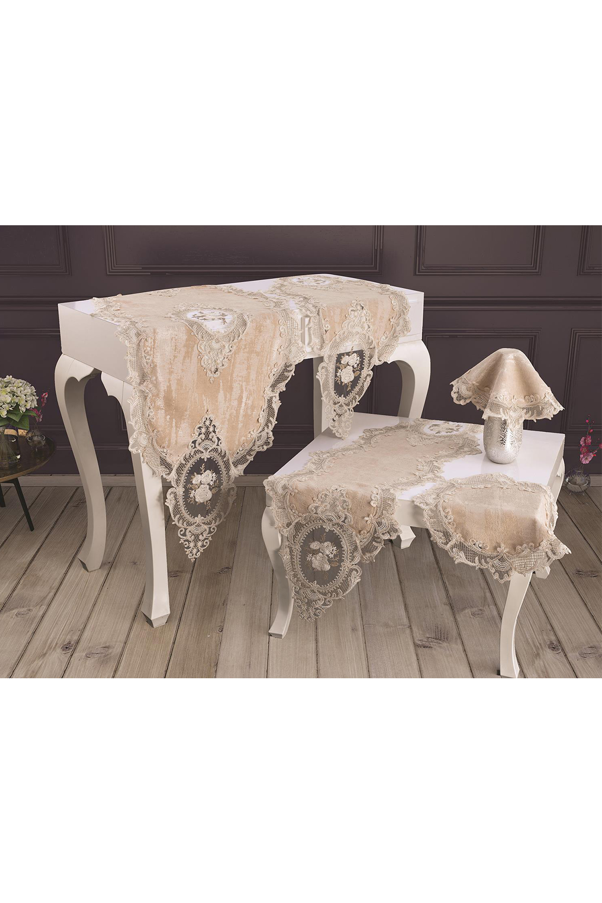 Picture of Fransız Güpürlü Şönil Elit Salon Takımı 5 Parça Cappucino