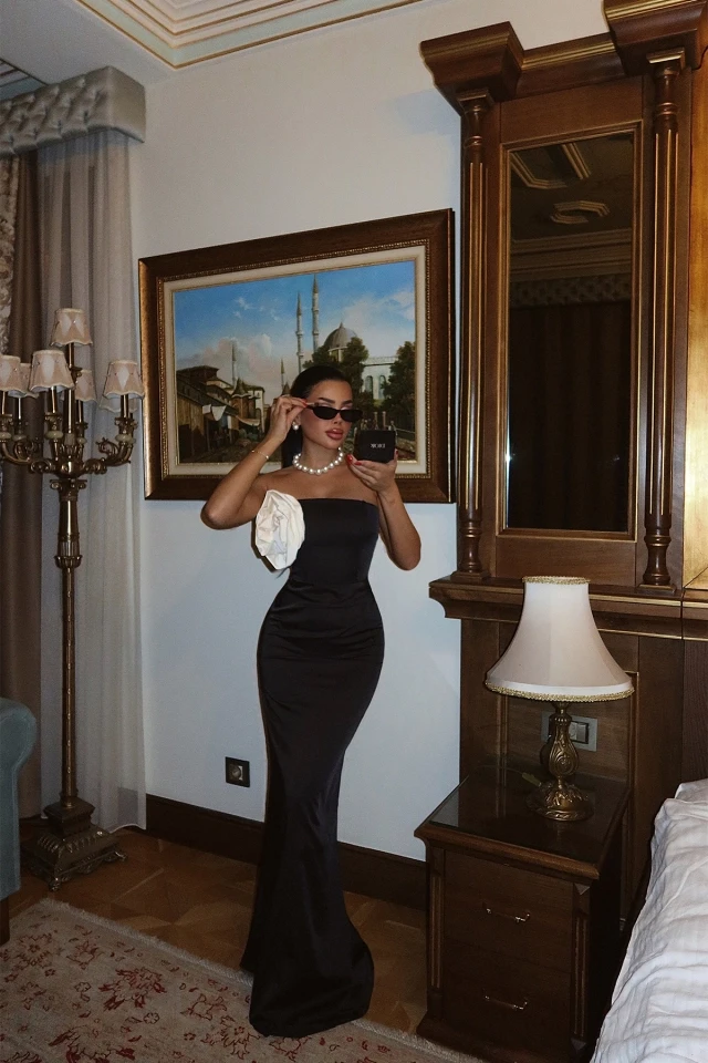 Picture of Black Isadora Rose Detailed Long Satin Dress