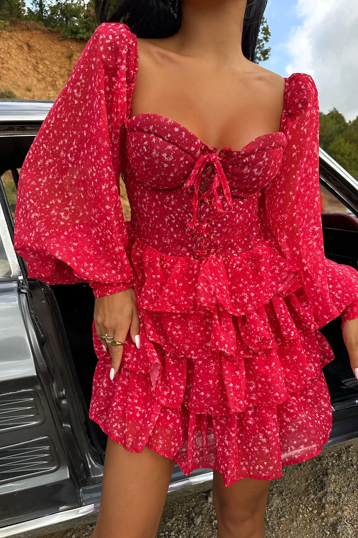 Picture of Red front -binding mini dress