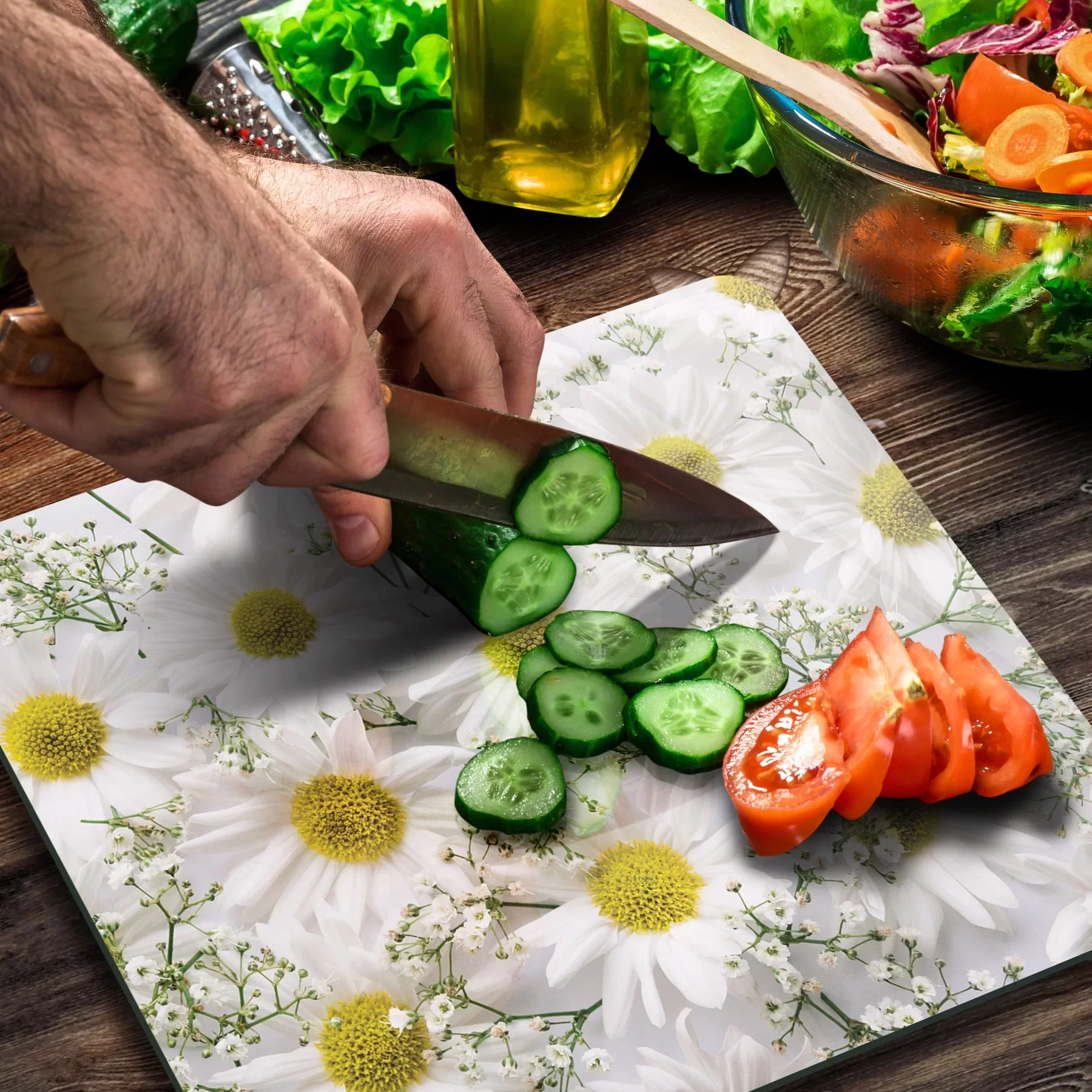 Picture of Decovetro Cam Kesme Tahtası ve Sunumluk Kare Papatya Desenli 30x30 Cm