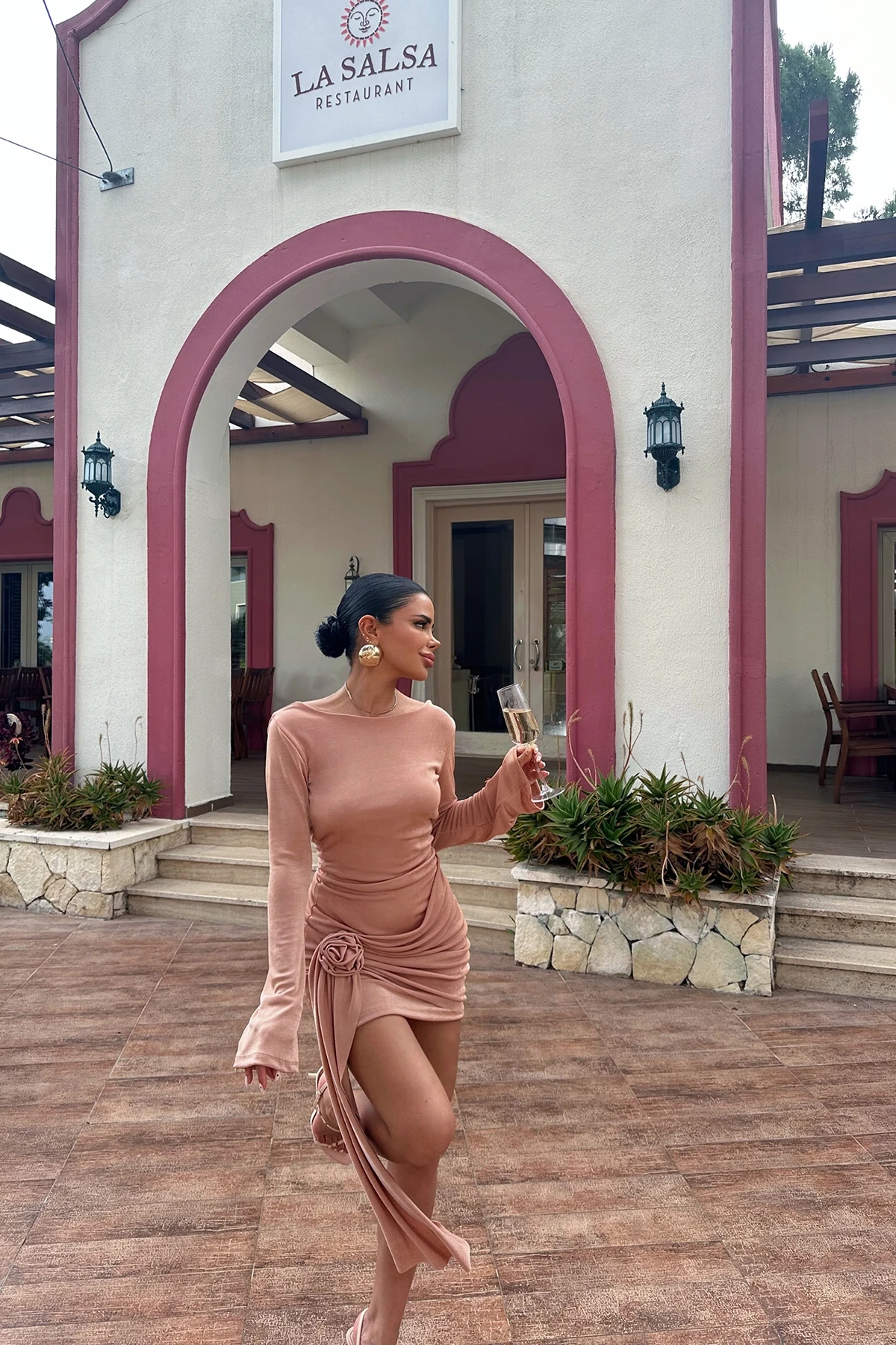 Picture of Beige Front Rose Detail Long Sleeve Dress