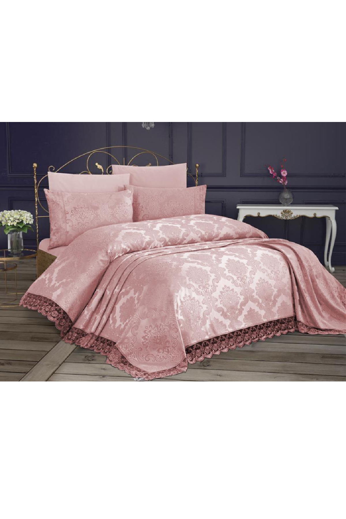 Picture of Fransız Dantelli Kure Tek Kişilik Yatak Örtüsü 2 Parça Pudra