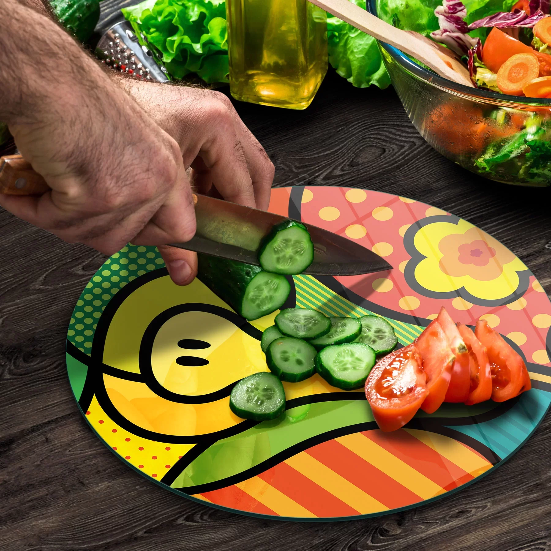 Picture of Decovetro Cam Kesme Tahtası ve Sunumluk Yuvarlak Armut Desenli 30x30 Cm