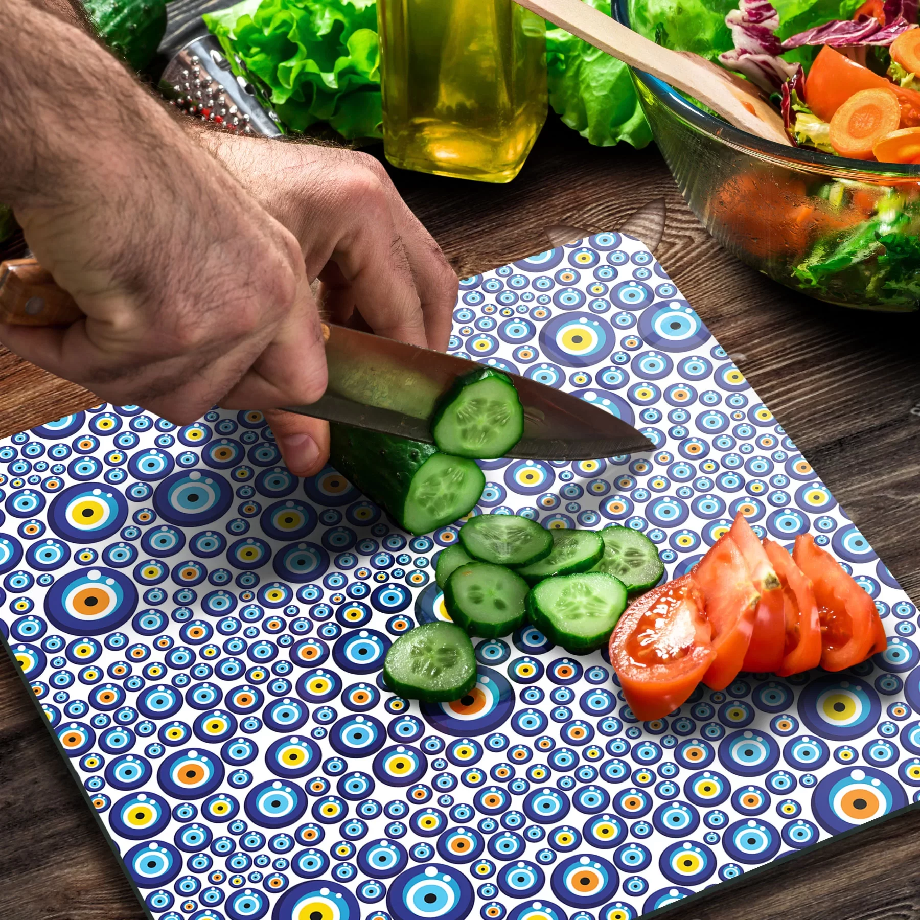 Picture of Decovetro Cam Kesme Tahtası ve Sunumluk Kare Nazar Boncuk Desenli 30x30 Cm