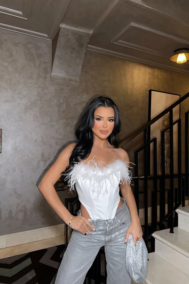 Picture of White Feather Detail Strapless Crop Top